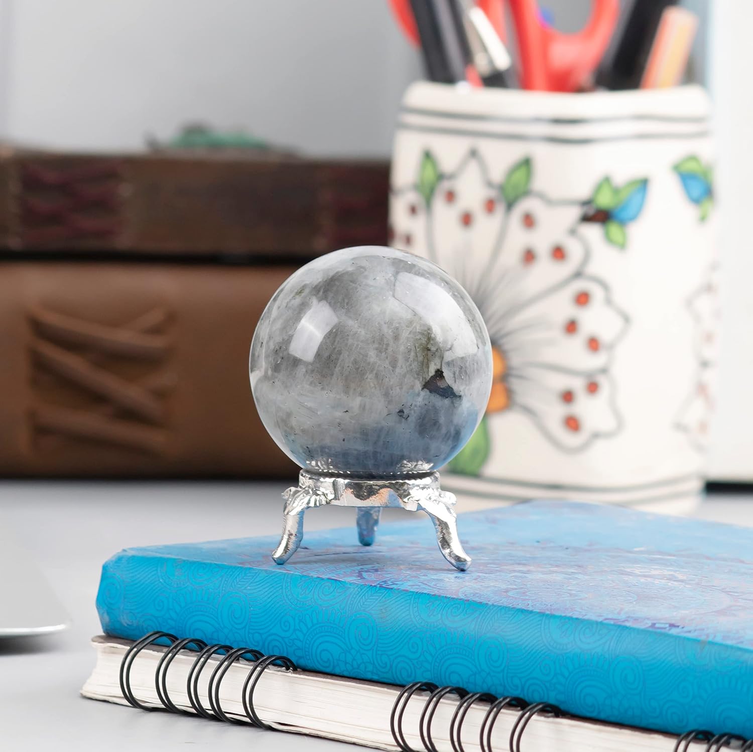 ZAICUS 45 mm Purple Labradorite Sphere Ball with Metal Stand Gemstone Ball for Witchcraft and Decorative Balls Sculpture Figurine Home Decor Collection Gift Photography Crystal Sphere Decoration