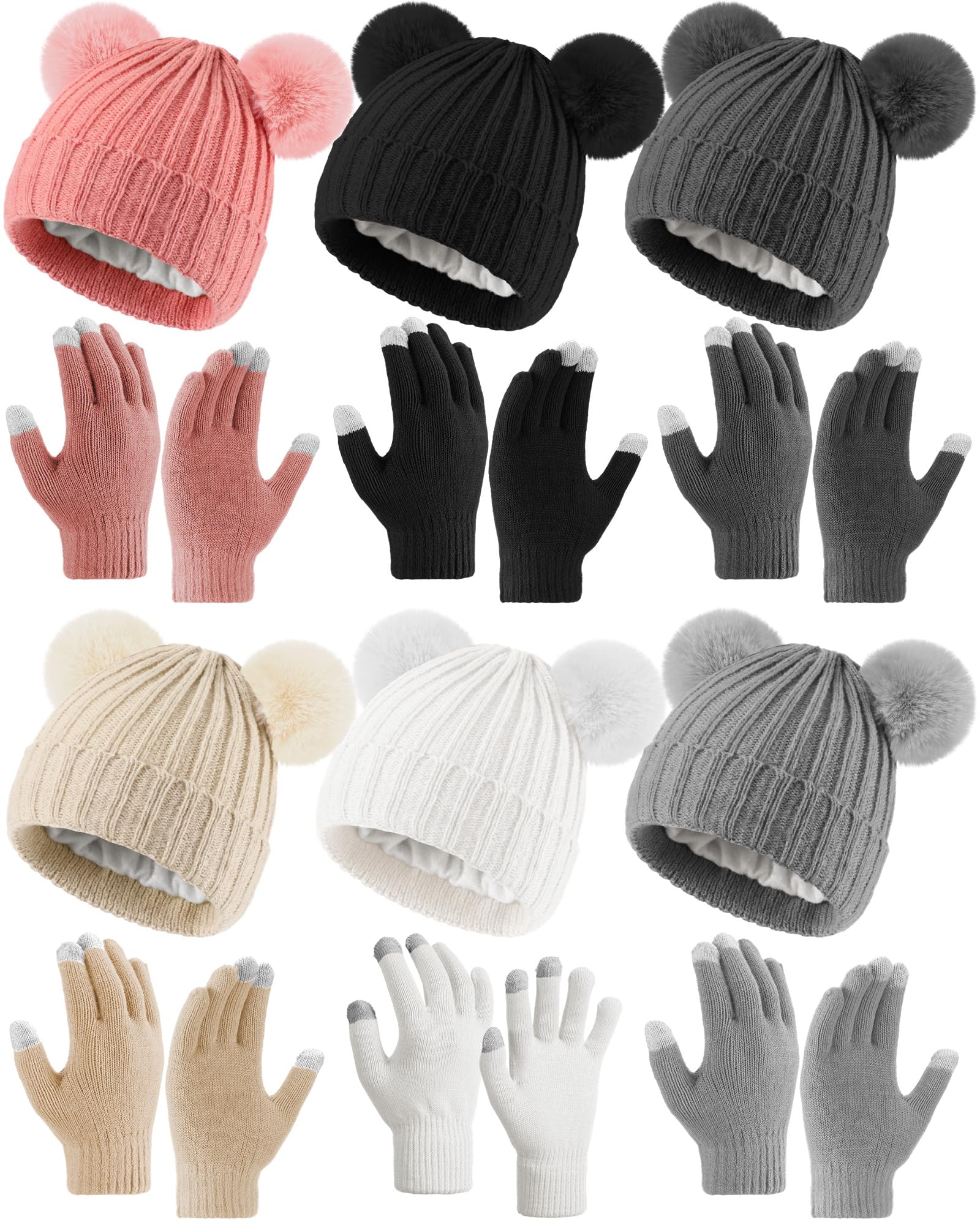 12 Pcs Women Beanie Hat Gloves Set Stain Lined Hats Fleece Hats Touchscreen Gloves Knit Mittens for Men Adult Cold Weather-image-7