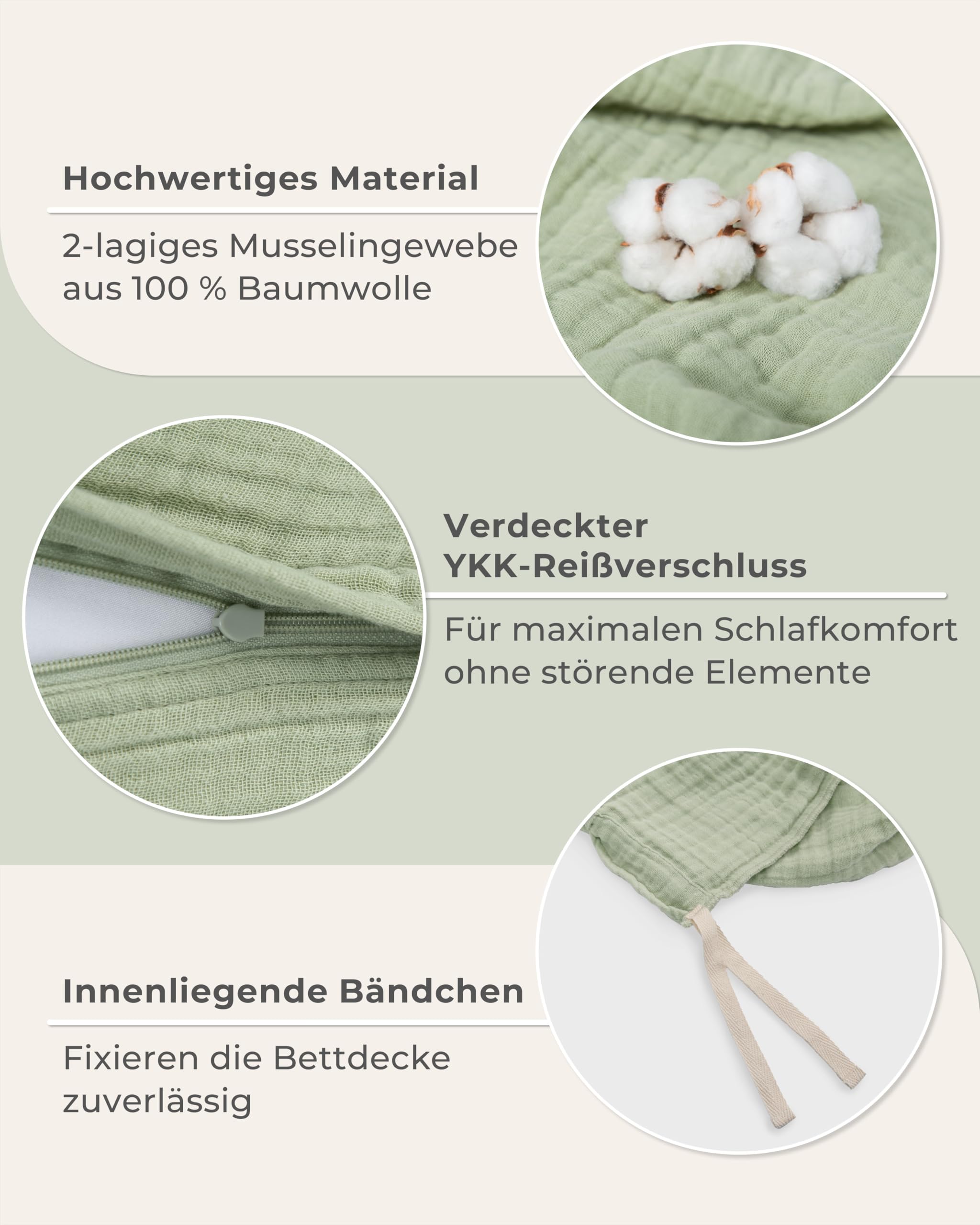 LAYNENBURG Pościel z muślinu 135 x 200 cm + 80 x 80 cm – Öko-Tex – 100% bawełna – oddychająca i nie wymaga prasowania – 2-warstwowy muślin z zamkiem błyskawicznym i taśmami mocującymi (szałwiowa