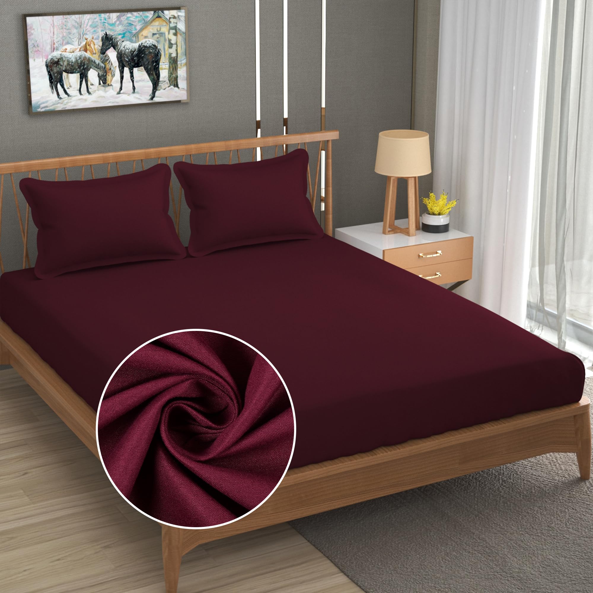 Fresh From Loom Queen Size Solid Plain Bedsheet Set - 240 TC, Anti Fade, Includes 2 Pillow Covers (Size- 90x95 inch | Wine| Solid)