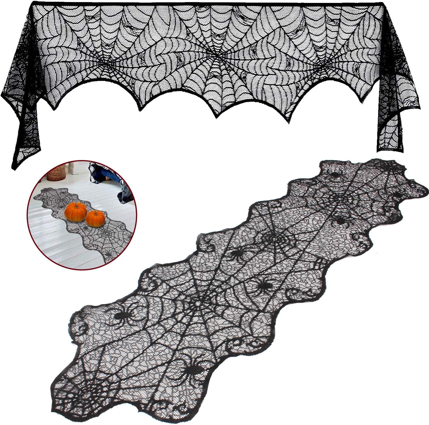 UMARDOO Halloween Fireplace Decorations,Fireplace Mantle Scarf Cover and Table Cloth,Black Lace Spider Web for Table,Door,Window and Fireplace Decoration