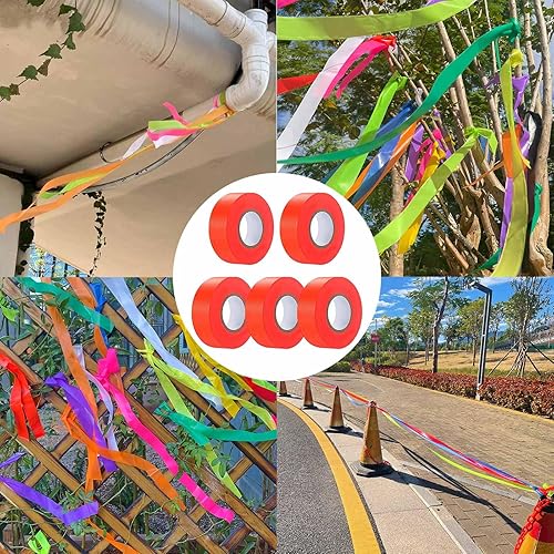 Miniatura 77 de Paquete de 10 cintas de señalización roja, rollo de marcado de neón de cinta de plástico no adhesivo, 1 pulgada x 2000 pies, cinta de marcado