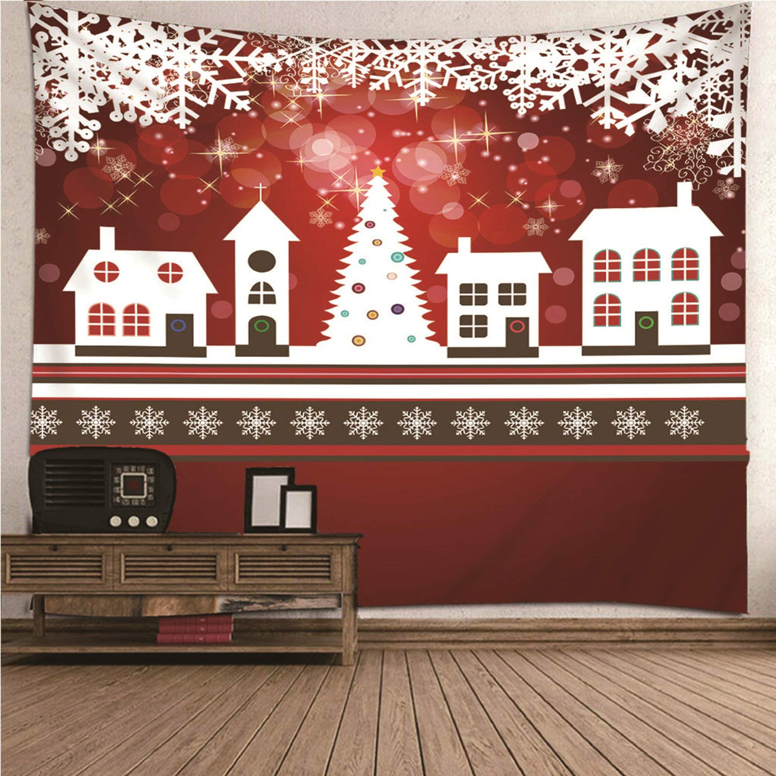 CEVAN Small Tapestry Funny Tapestries For College Dorm Girls Snowflakes And Houses Wall Cloth Mural Tapestry For Men Japanese wall hanging fabric White Red 100x70cm