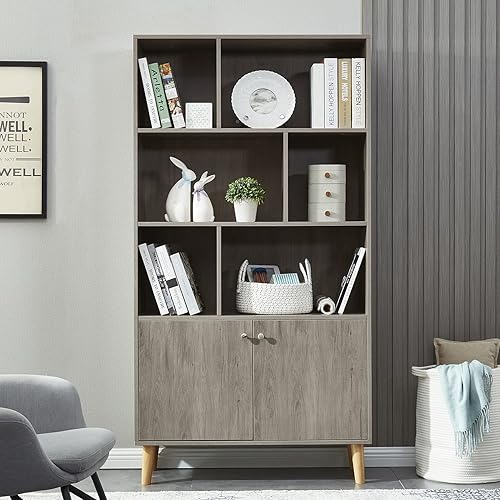 Miniatura 2 de Estantería moderna con 2 puertas, organizador de estante para exhibición, biblioteca de madera con 6 gabinetes de almacenamiento para oficina en