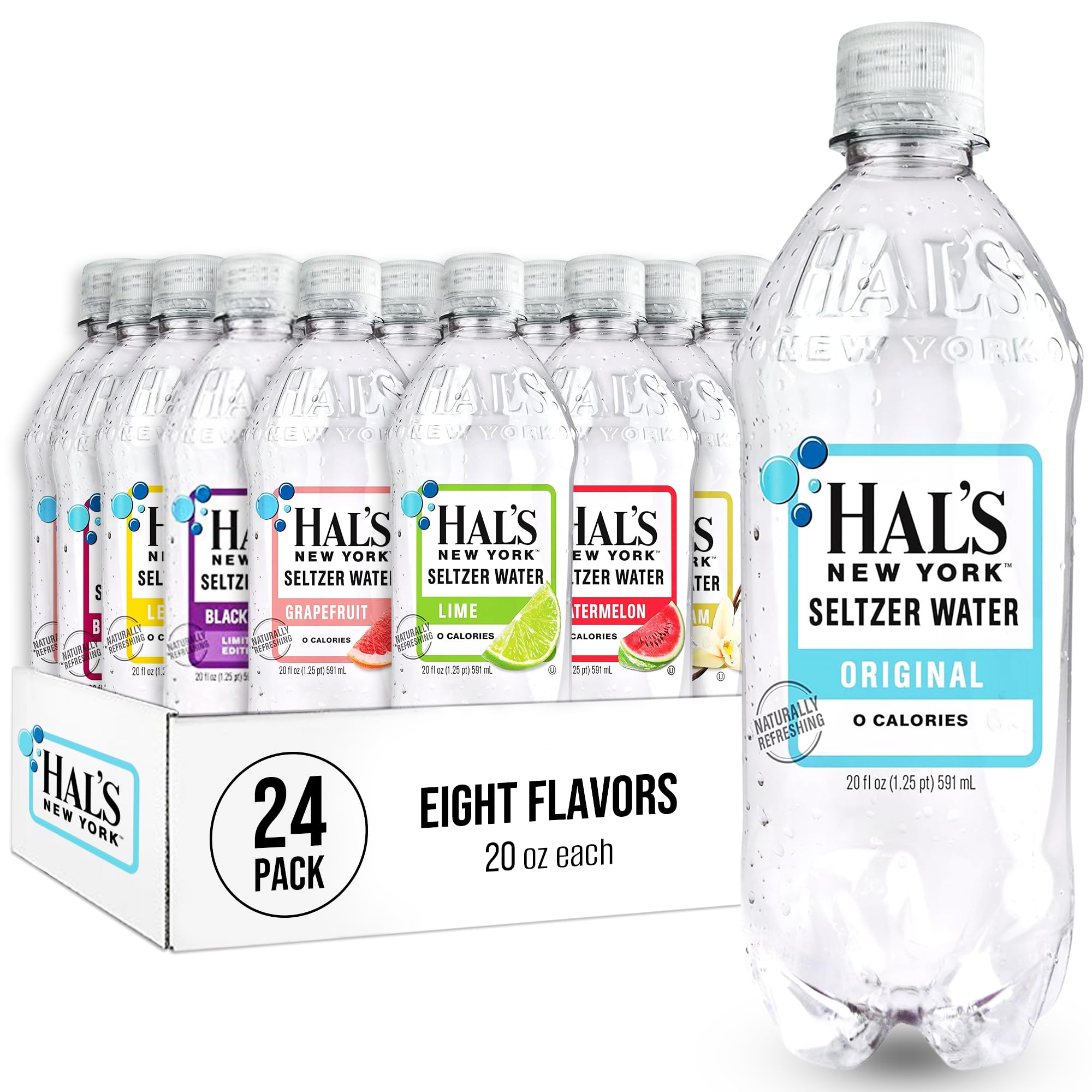 Hal's New York Seltzer Water Variety Flavor Pack, 20 ounces (24 Pack)