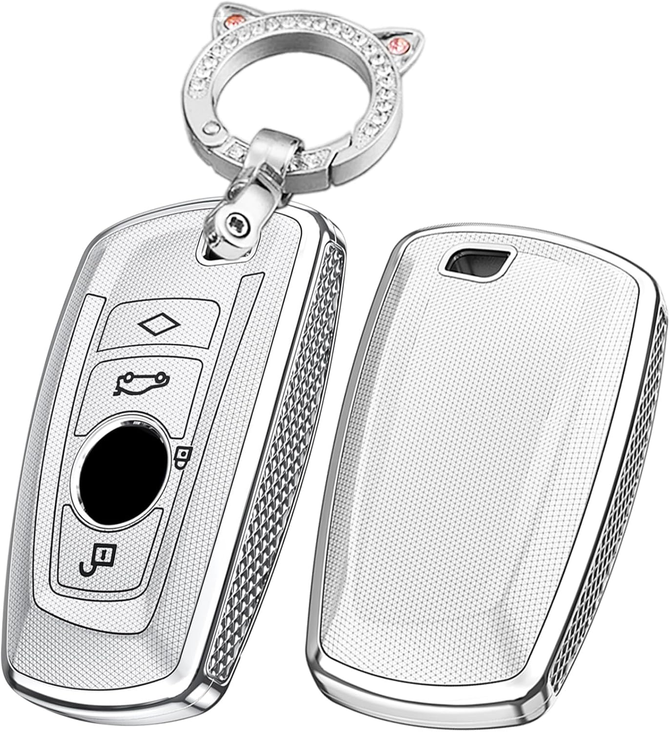 SANRILY Plating Key Fob Cover Compatible with BMW X1 X3 X4 X5 X6 1 2 4 5 6 7 M3 M5 M6 GT3 GT5 G30 F10 F15 F16 F20 Keyless Key Fob Case Shell with Bling Keychain Silver