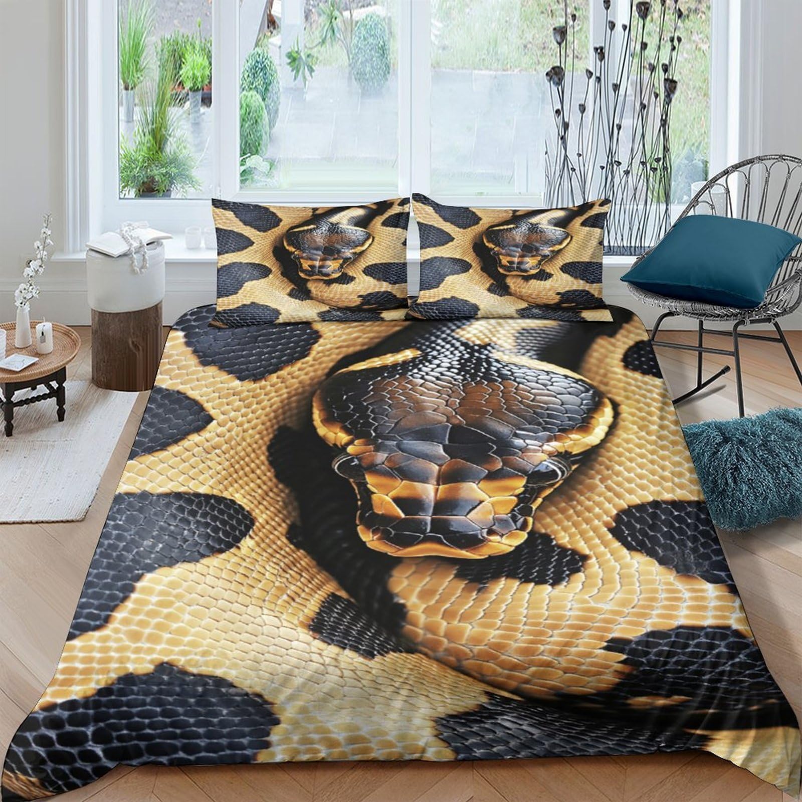TUFRTGYHN 3D Printed Snake Pattern Duvet Cover Microfiber Soft Breathable Reptile Animal Bedding Set with 2 Pillowcases for Bedroom Decor Single（135x200cm）