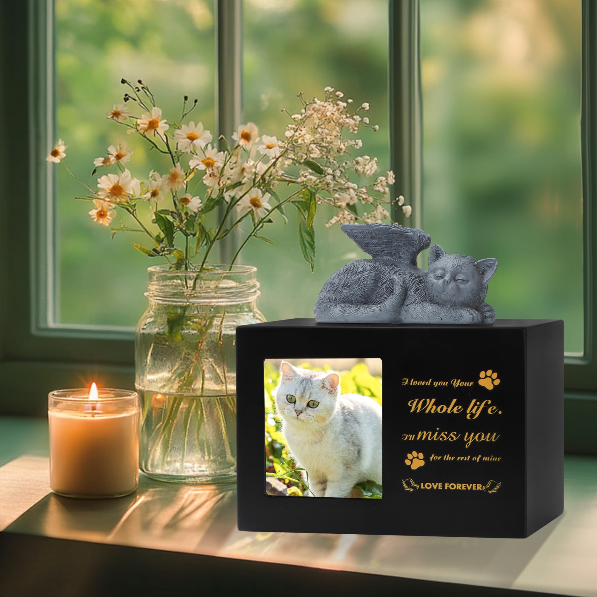 Pet Urns for Cat, Pet Memory Box, Black Wooden Cat Urns for Ashes, w zestawie z figurką kota z żywicy i aksamitną torbą do przechowywania prochów