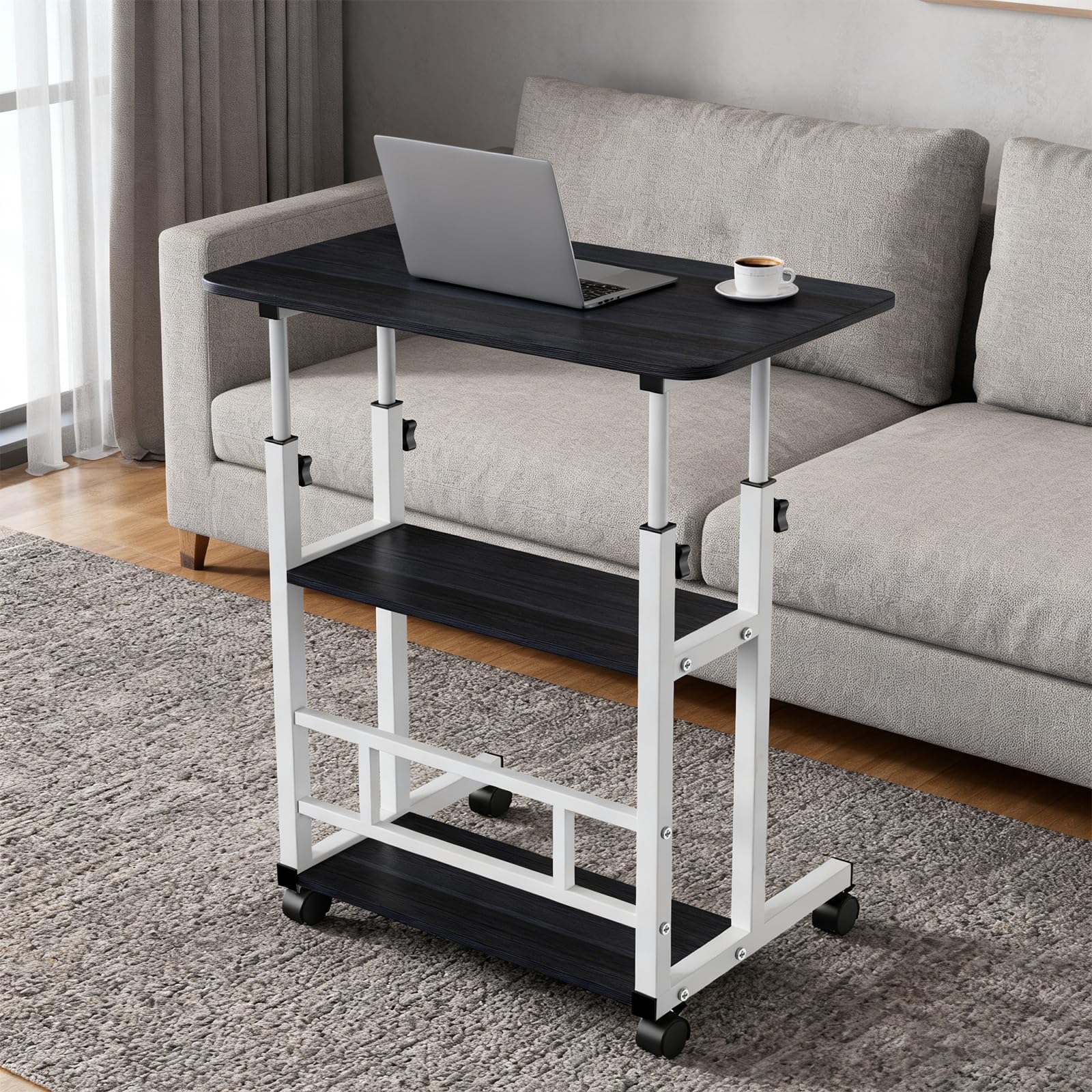 LANTUS Elektryczne biurko z regulacją wysokości, stolik do łóżka, do biura, sypialni, w stylu industrialnym, metalowa rama - 60 x 40 x 90 cm - czarno-białe