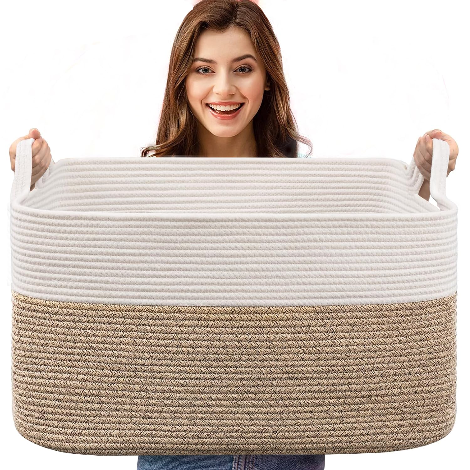 Paniers de rangement pliables extra larges de 65 l avec poignées – Boîte de rangement en tissu robuste, couvertures, vêtements saisonniers, 54,9 x 37,8 x 30 cm (lin blanc)