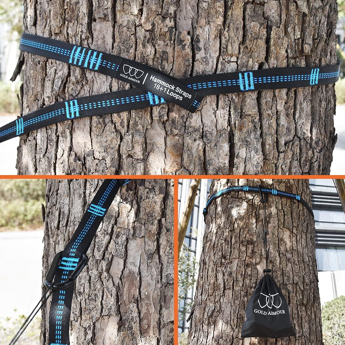 Gold Armour XL Hammock Straps Combined 20 Ft Long, 36 Loops with 2 Carabiners - Must Have Camping Hammock Accessories & Gear to Hang Camping Hammocks (Black with Sky Blue Stitching) : Patio, Lawn & Garden