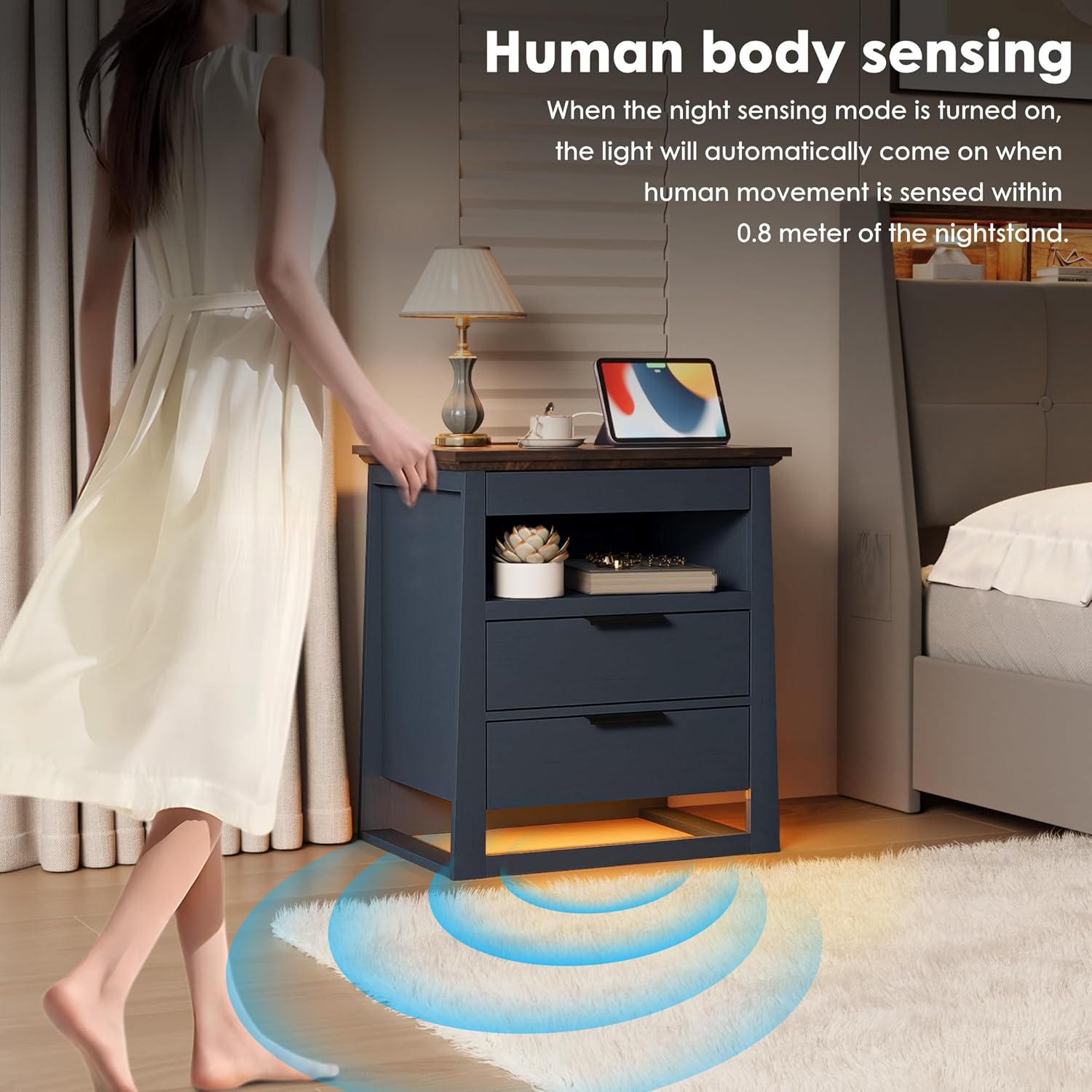 Rresyet 3 Drawer Nightstand with Charging Station & LED Lights & Open Shelf, Modern Night Stand with Storage, Wooden Bedside Table for Bedroom Room, Office (Blue)