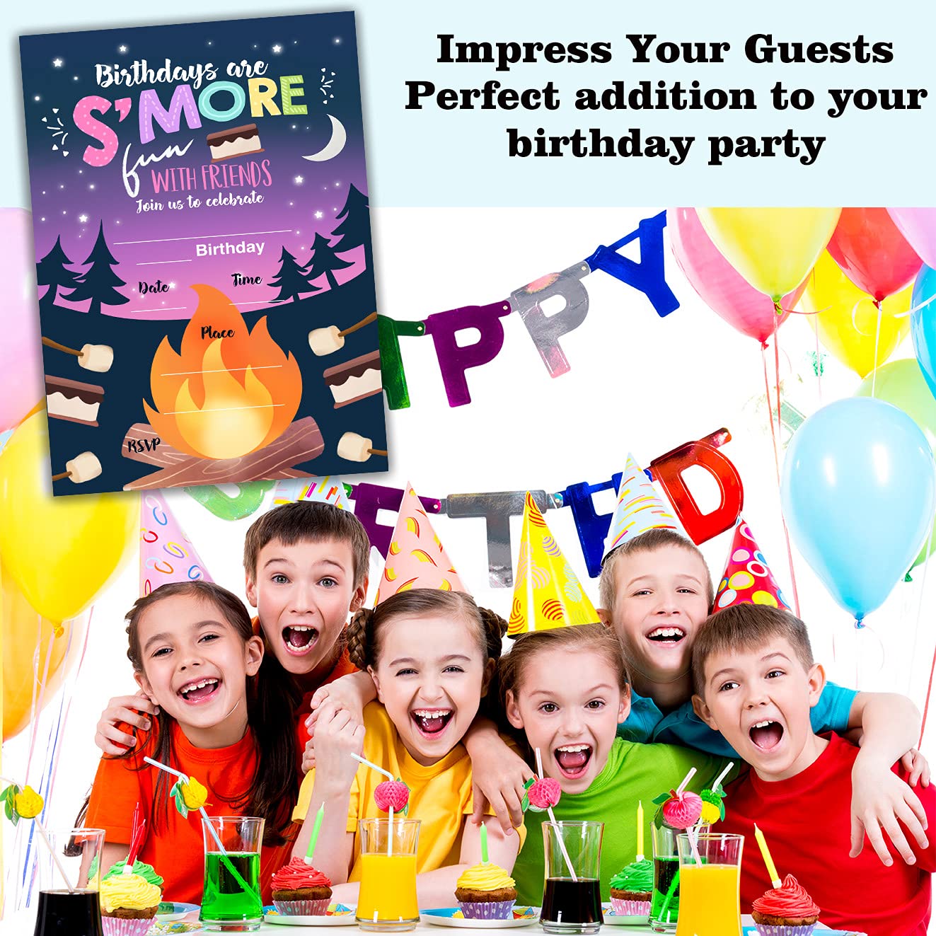 20 Biglietti Invito Compleanno Campeggio Con Buste, Tema Falò S'mores, Formato 10x15 Cm, Cartoncino Ecologico