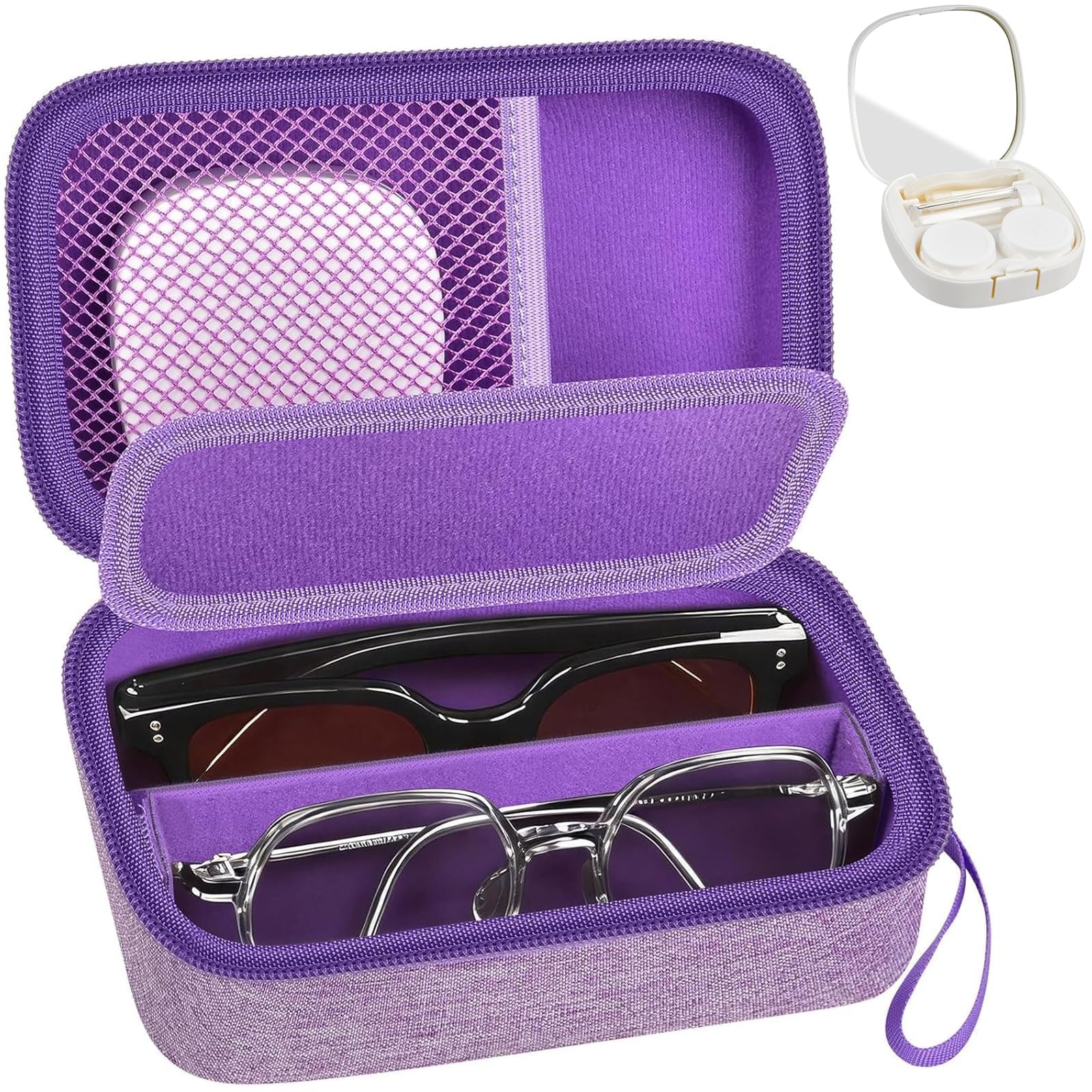 GWCASE Organizer per occhiali da viaggio e custodia per lenti a contatto, slot regolabili, specchio integrato, pinzette, bottiglia per soluzione e cinturino da polso, universale, adatto per ciglia