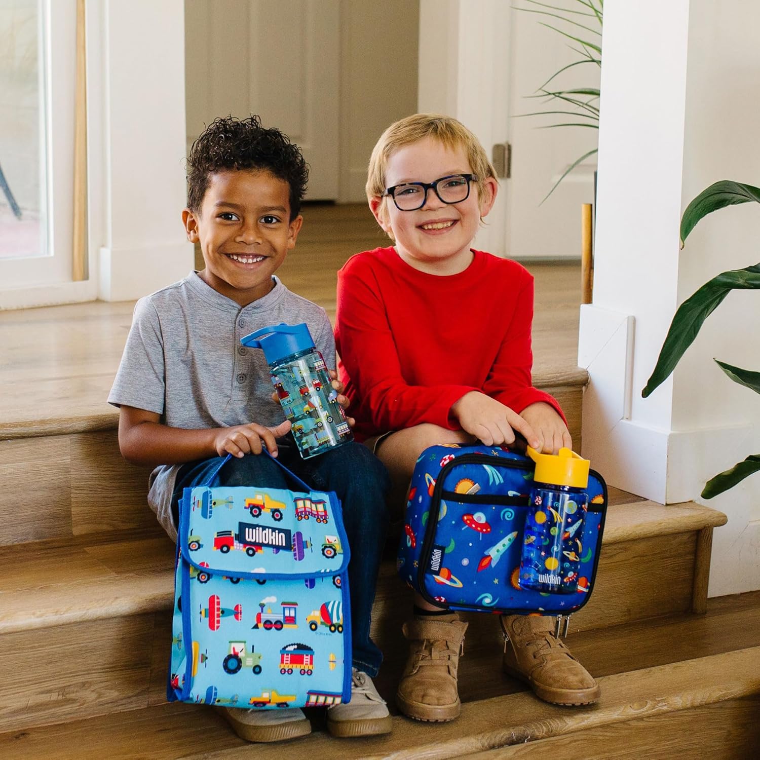 Wildkin Lunch Bag Bundle with 16 oz Reusable Water Bottle for Kids – Insulated, Durable Kids Lunch Set for School & Travel - Trains, Planes & Trucks