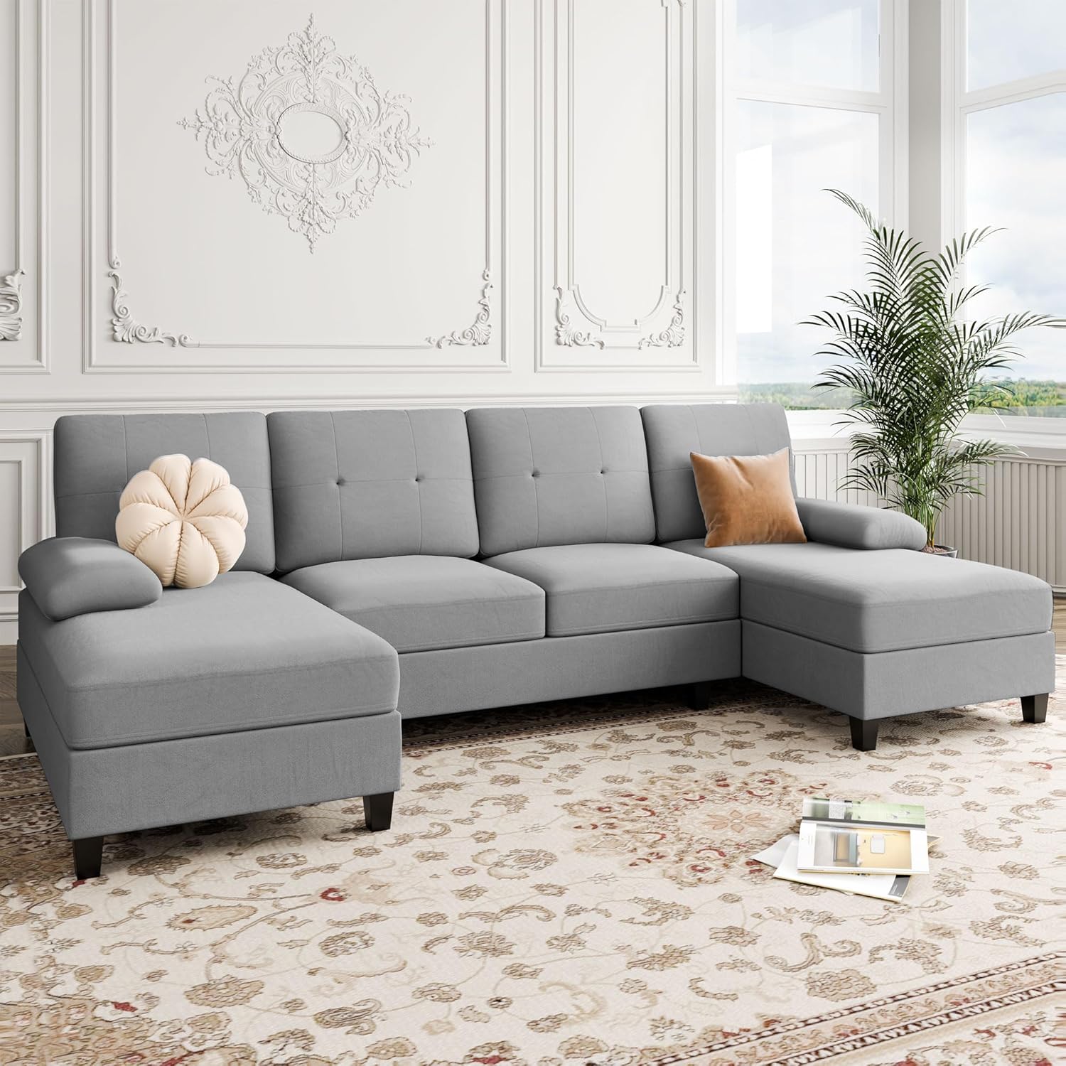 (INCOMPLETE) Shintenchi U Shaped Sectional Couches for Living Room, 4 Seat Modern Sectional Sofa with Removable Armrest & Soft Backrest for Apartment and Small Space, Light Grey