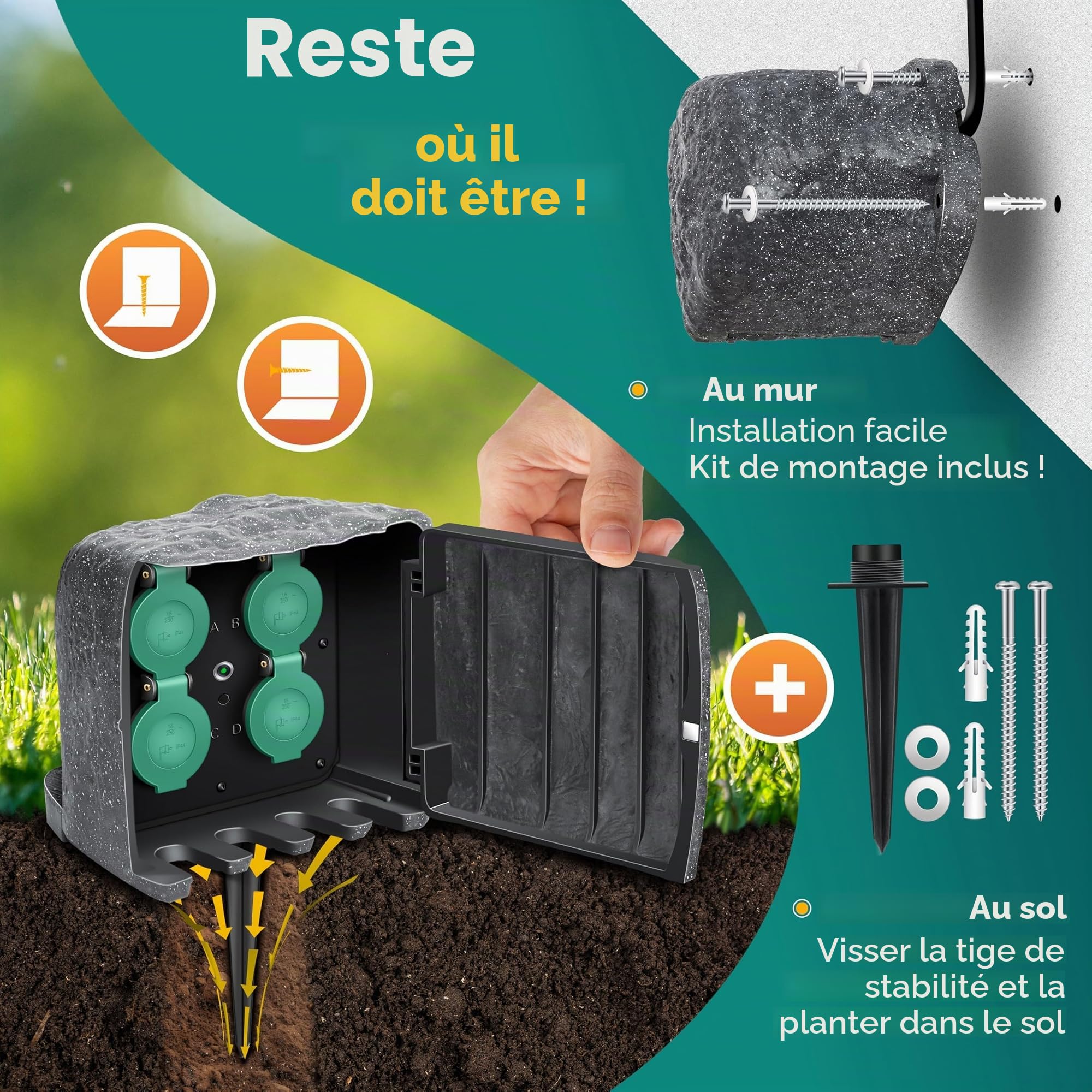 KESSER® Prise de jardin aspect pierre 4 prises - Prise extérieure étanche IP44 - Prise multiple pour extérieur jardin terrasse avec capteur crépusculaire - Câble de 3 m - 3680 W - 16 A + kit de