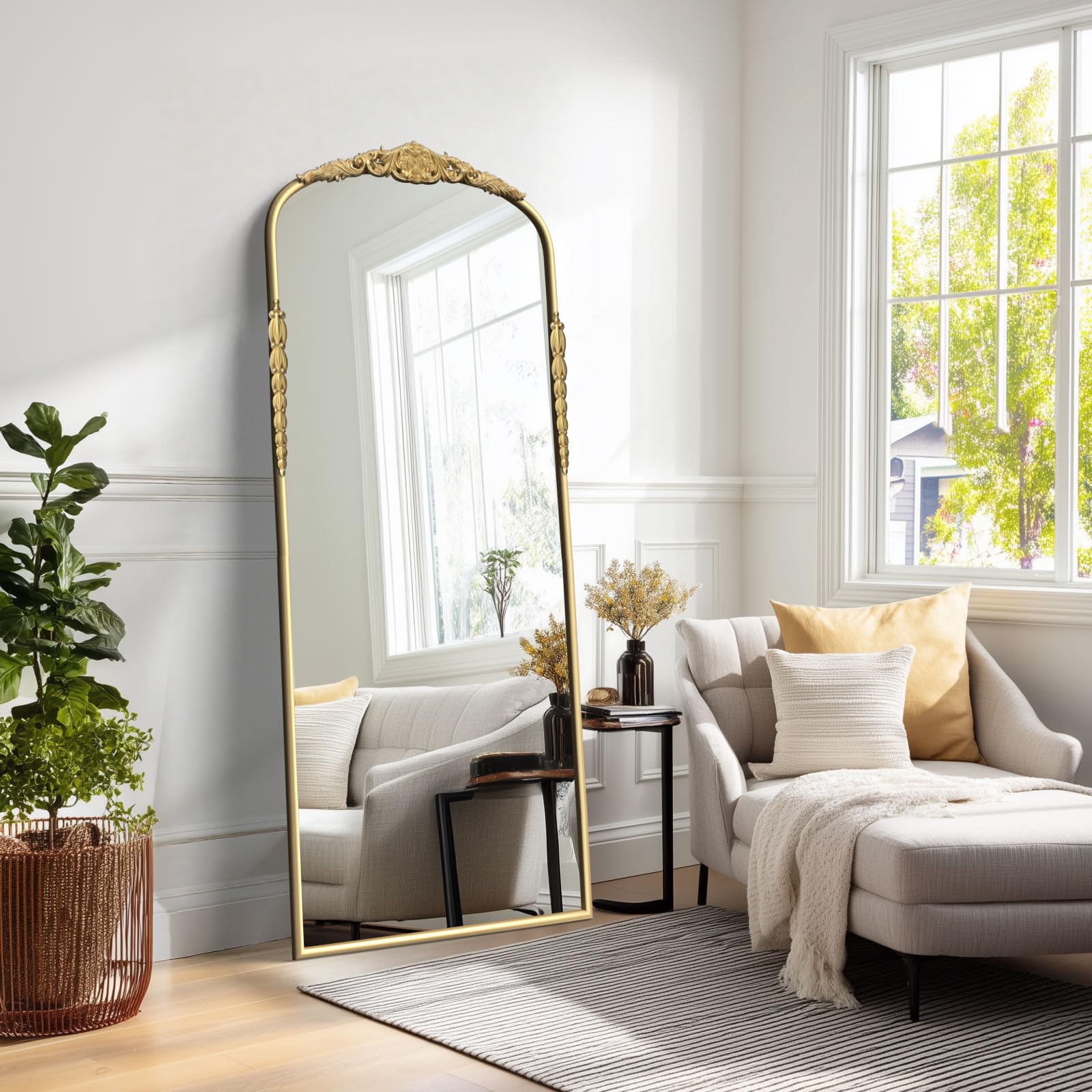 G-LEAF Großer Ganzkörperspiegel 180x76 cm, Vintage Bogenspiegel mit Barock Goldrahmen, Antik Standspiegel & Wandspiegel XXL Ankleidespiegel für Schlafzimmer, Wohnzimmer, Flur