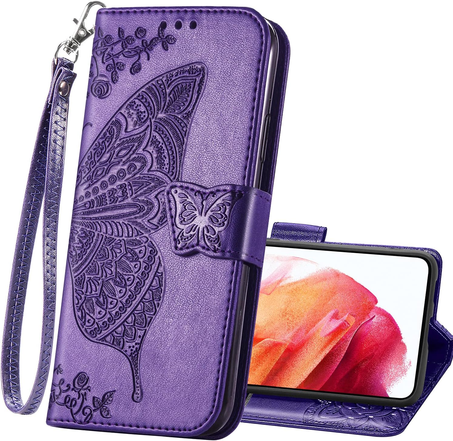 Wallet Case for Samsung Galaxy S22,PU Leather Wallet Flip Protective Phone Case Wrist Strap Card Slots Holder Pocket Emboss Butterfly Flower Stand Case for Samsung Galaxy S22 Purple