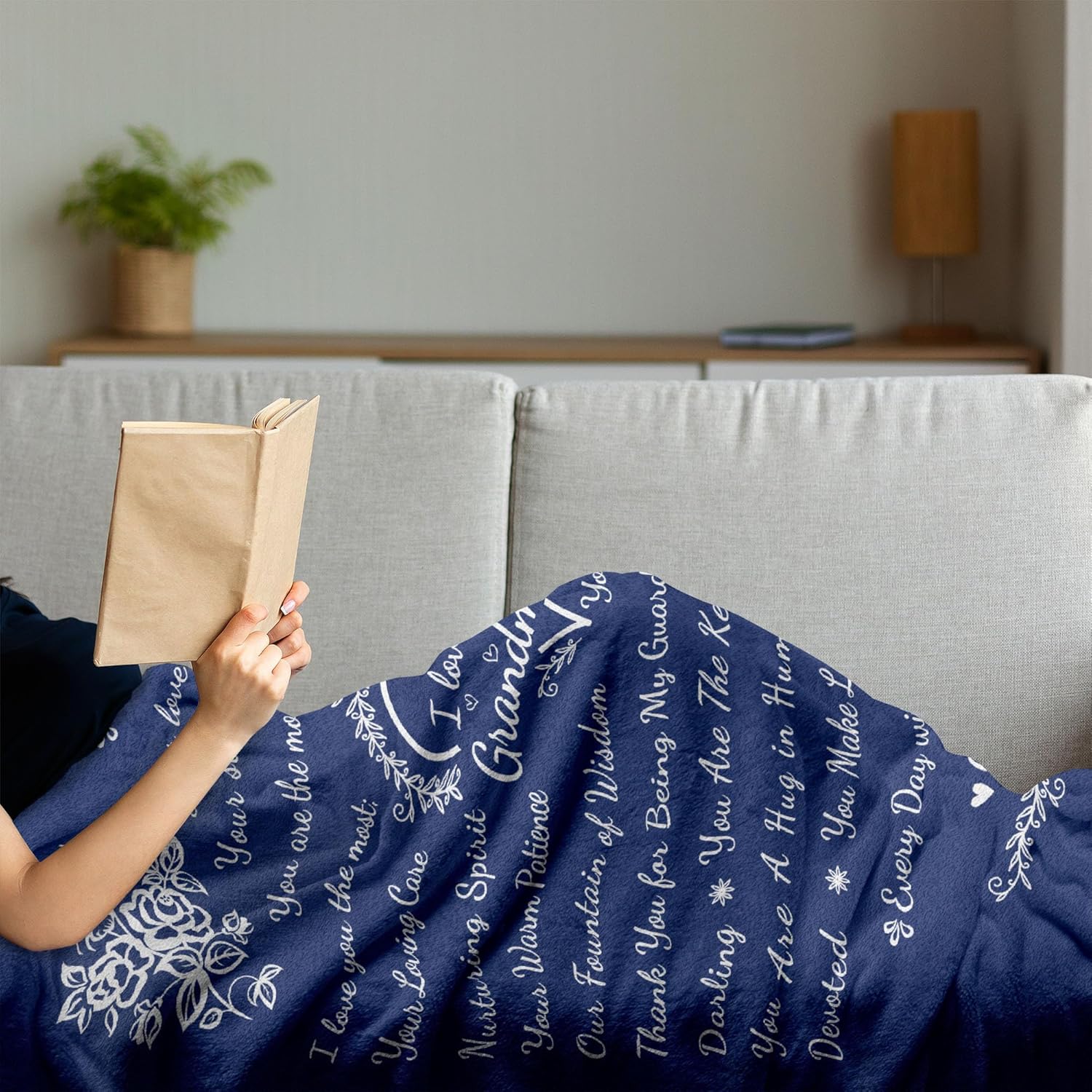 Ambesonne Grandma Gift Blanket, Custom Present for Birthday Mother's Day & Christmas from Grandchildren, Flannel Fleece Bed & Throw Cover Filled with Appreciation Love Words, 50" x 60", Navy Blue