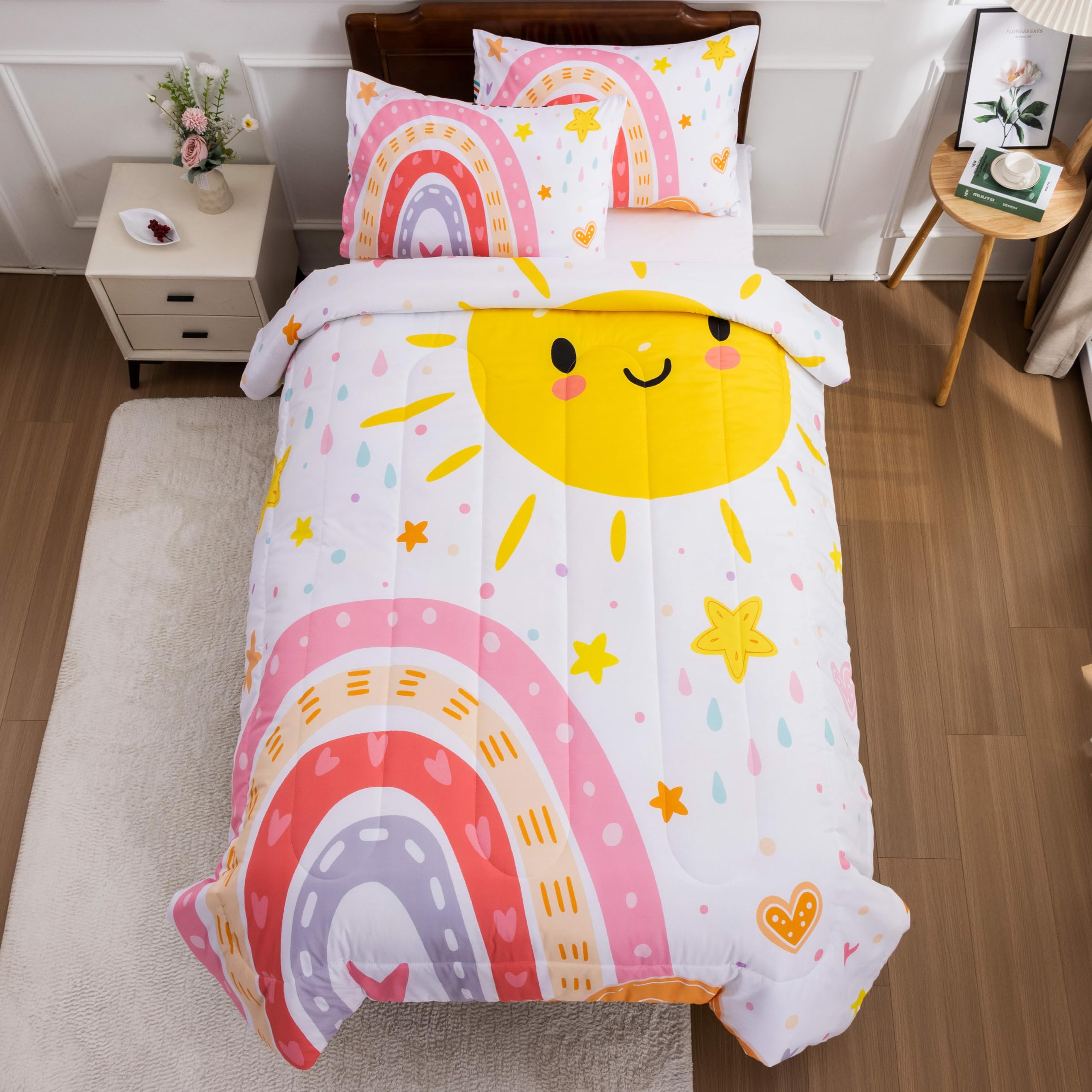 Btargot Lightweight Soft 3 Piece Rainbow Comforter Set with 2 Pillow Covers, Cartoon Love Hearts Flowers and Sun Star Bedding Set for Girls Boys Kids, Twin Pink