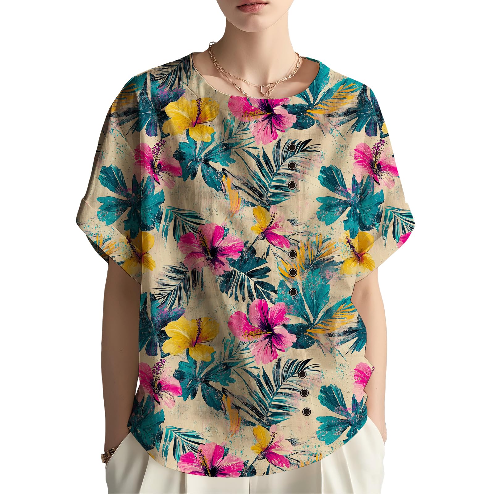 2025 Summer Linen Boho Shirts for Women Floral Print Button Blouse Round Neck Short Sleeve Relaxed Draped Tunic Top