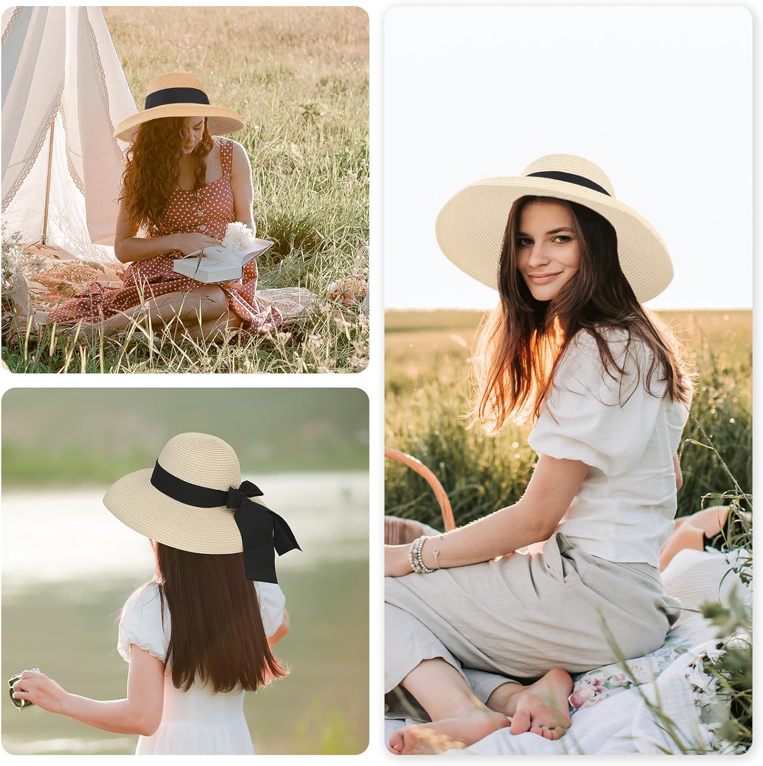 Surblue Straw Summer Hat Women's Floppy Sun Hat Wide Brim Beach Bow Hat - Image 5