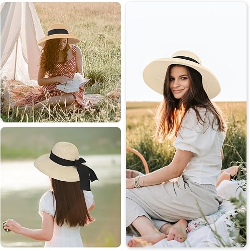 Miniatura 10 de Surblue Sombrero de verano de paja para mujer, sombrero de sol flexible de ala ancha para playa