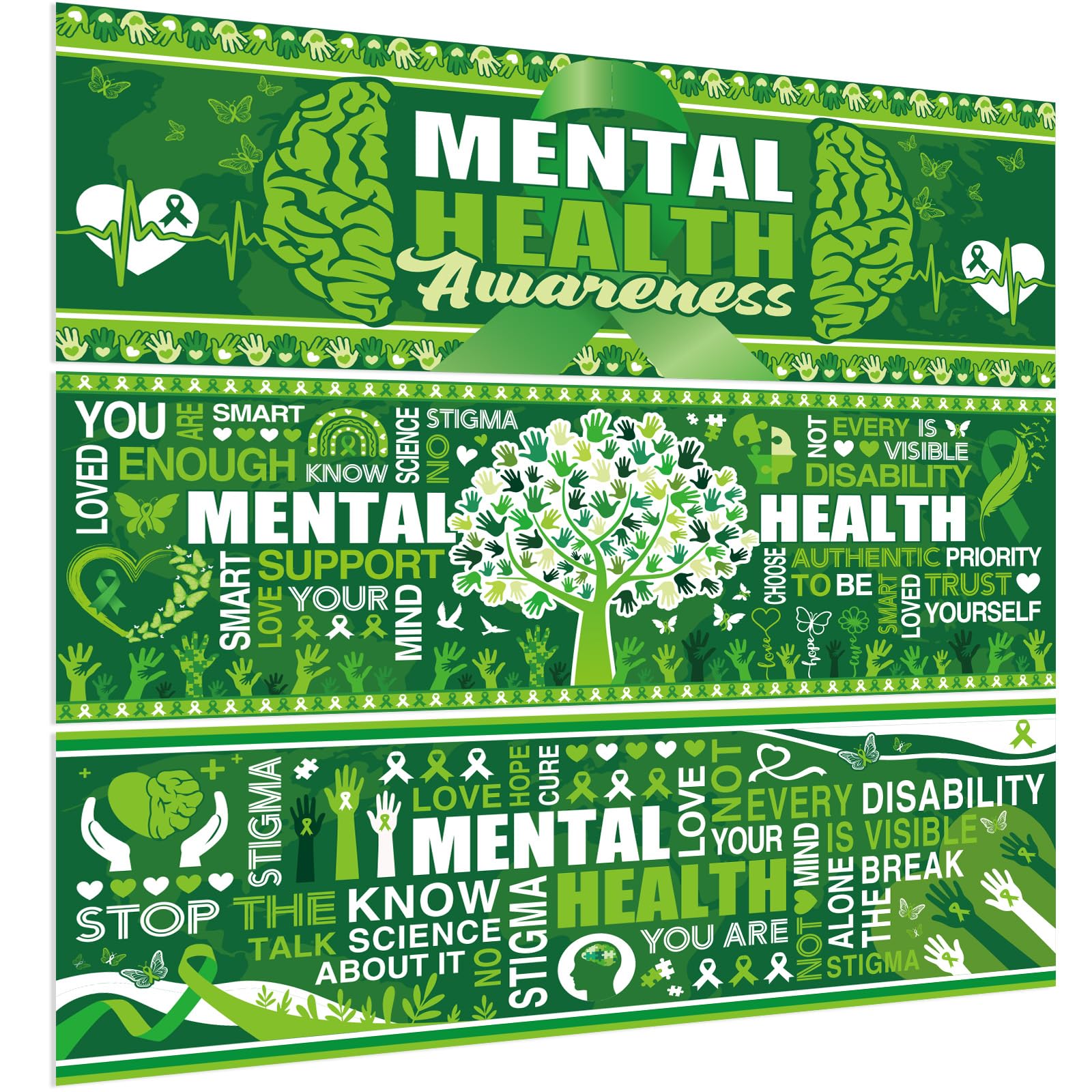 Harloon 3 Pcs Mental Health Awareness Decoration 13.8 x 38.6 Inch Mental Health Month Decorations Motivational Green Classroom Decor for School Wall Indoor Outdoor Bulletin Board (Green Ribbon)