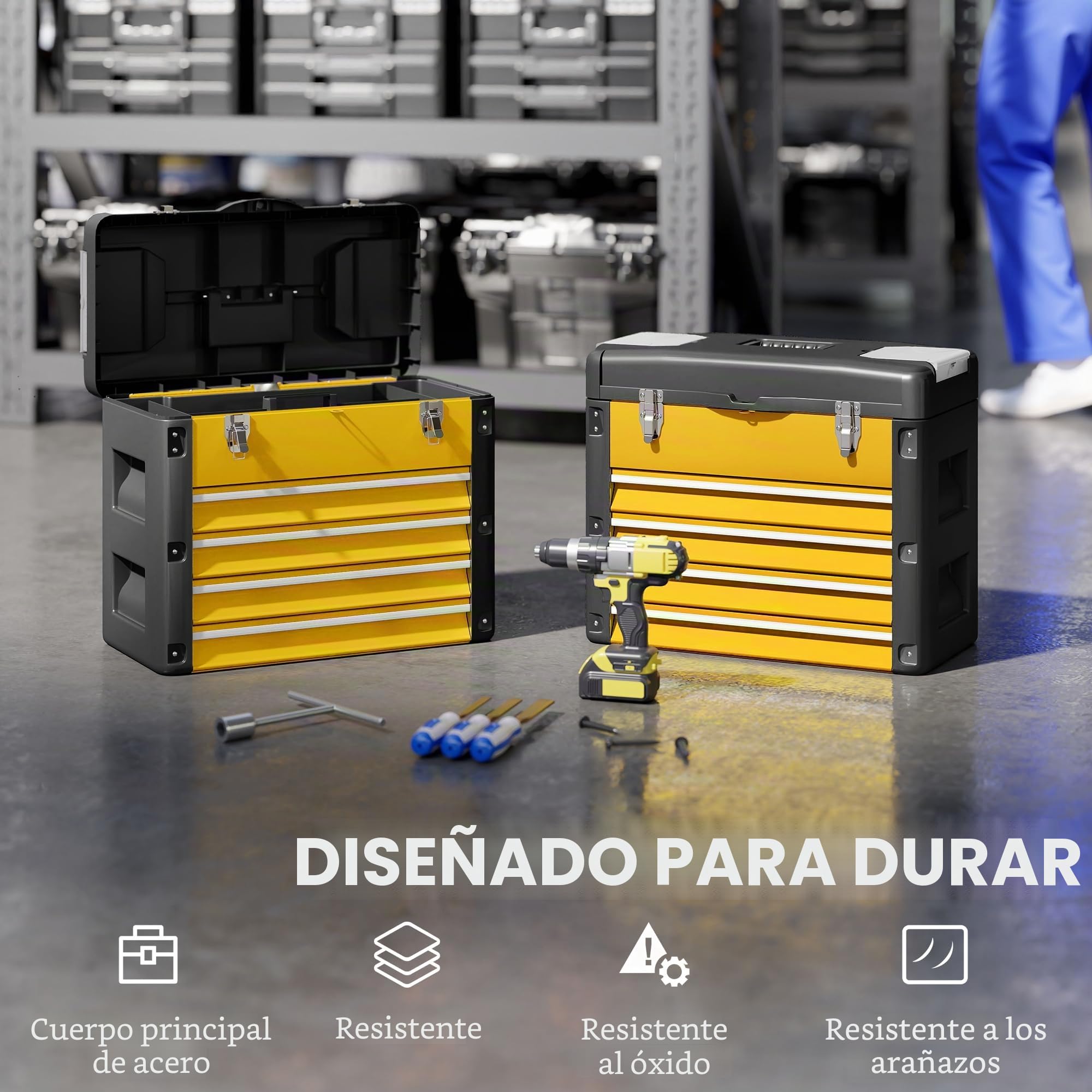 HOMCOM Caja de herramientas con 4 cajones, caja de herramientas de acero termolacado con bandeja extraíble, mini cajas, guías de bolas, asa, caja de herramientas robusta para taller y garaje, amarillo