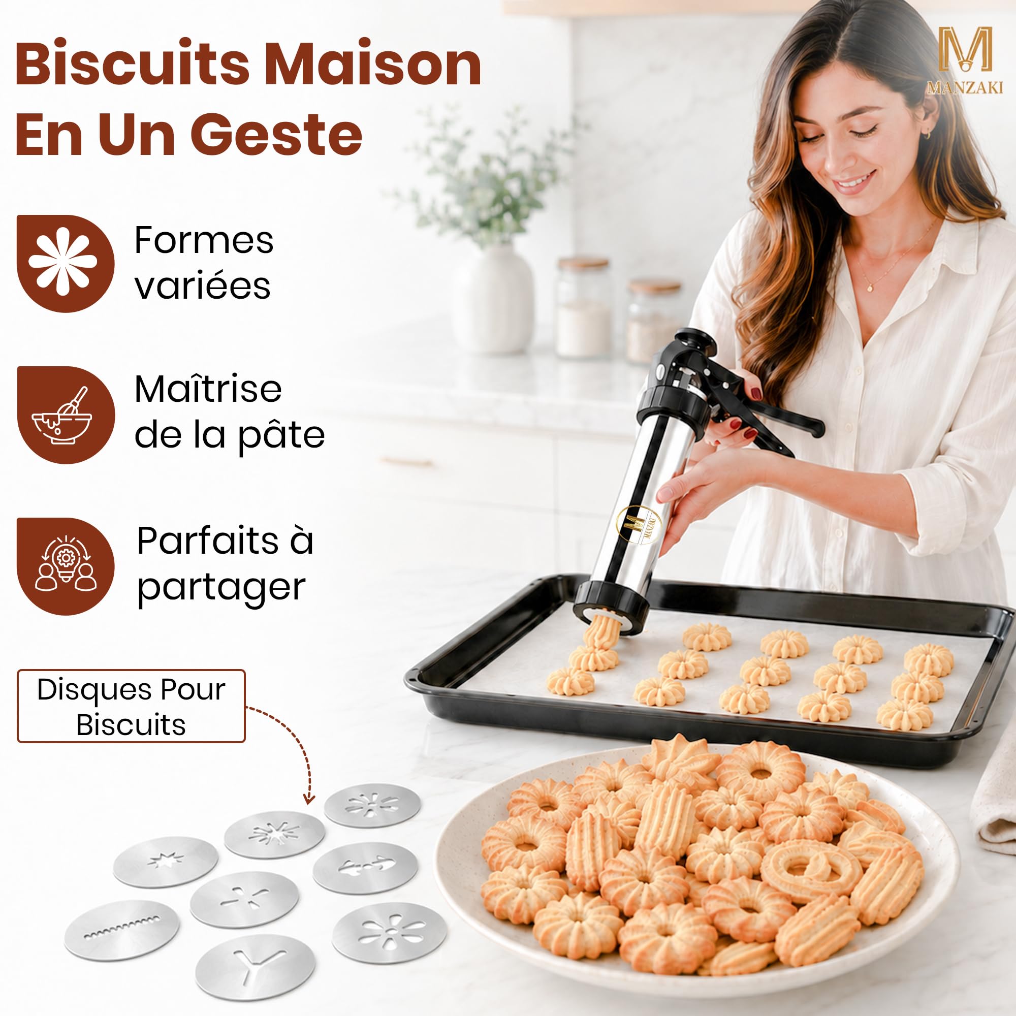 Machine à Churros Inox — Churros & Chichi Croustillants en Quelques Minutes — Appareil avec Poche à Douille Pro 41 cm — Presse à Biscuits Tunisiens — Sans BPA Certifié LFGB — 9 Disques 7 Douilles