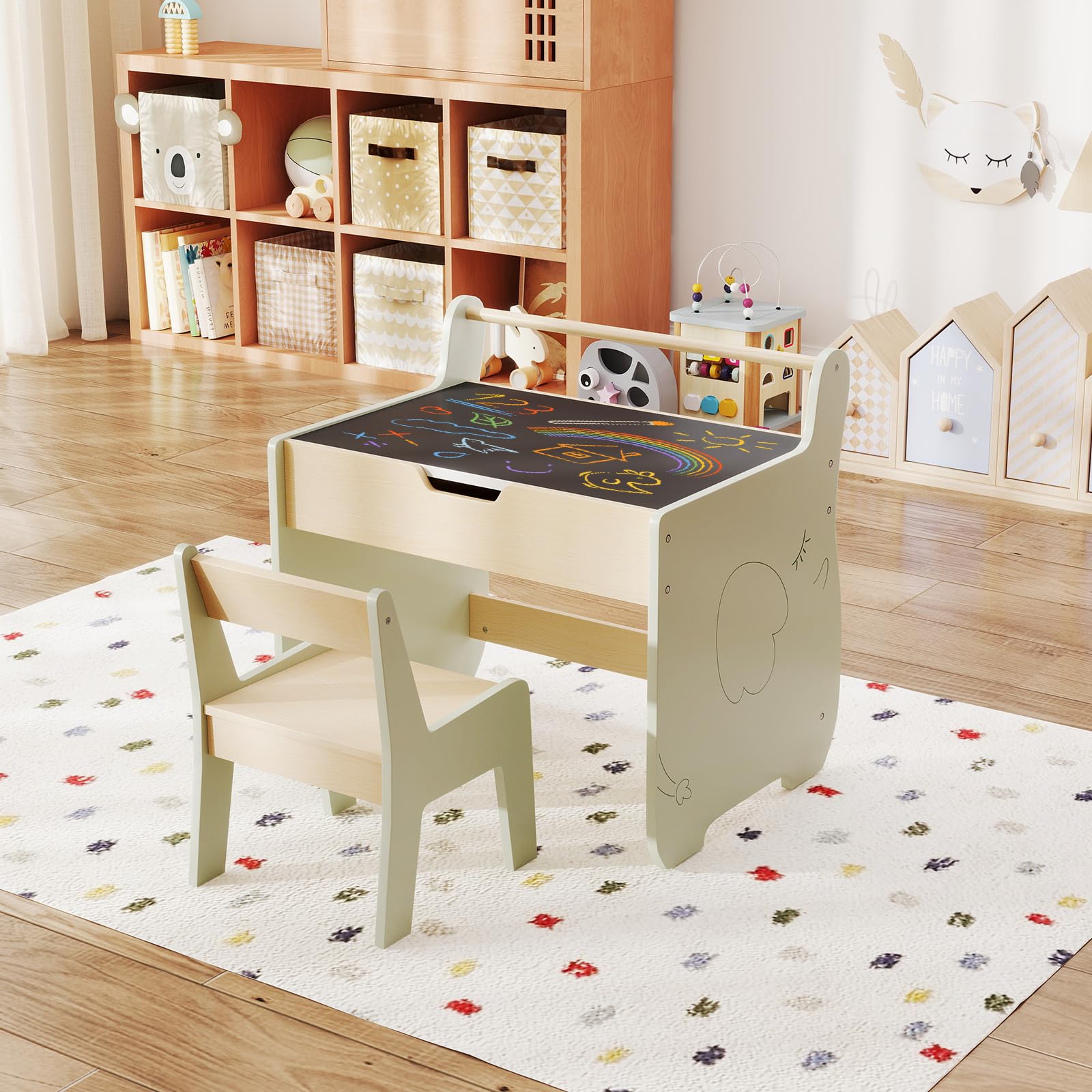 GOPLUS Table Enfant avec Chaise, 3 en 1 Bureau Enfant en Bois avec Rangement, Tableau Reversible Blanc/Noir, Porte-Rouleau de Papier, Petite Table d'Activités pour Dessiner Manger Etudier (Vert)