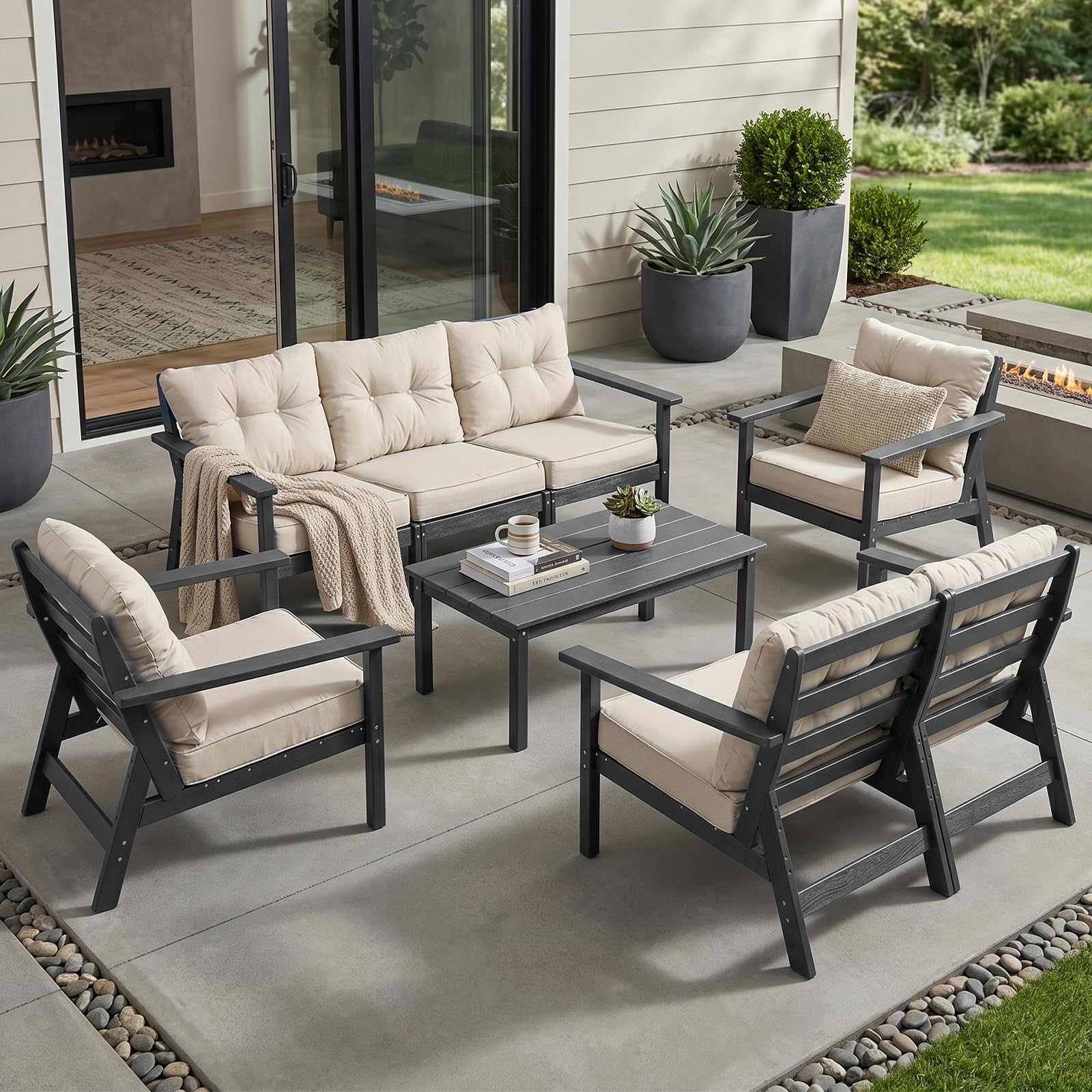 HDPE Patio Conversation Set 7 Seats, Outdoor Furniture Set, Patio Sofa Set | Water-Resistant Thick Cushion, HDPE All Weather, Wood-Grain, No Rot or Rust or Crack, UV Fade Shield, Easy-Clean for Outside