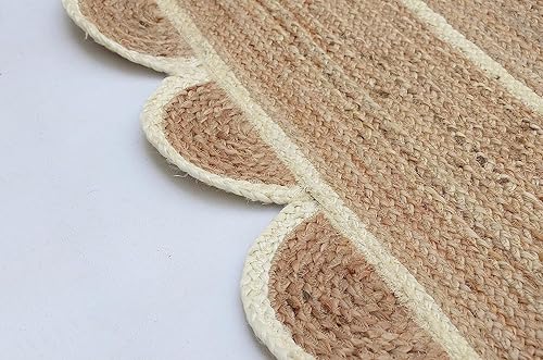 Miniatura 4 de Alfombra rectangular de yute festoneado de 3 x 5 pies, base de fibra natural, ribete blanco roto, bohemio, reversible, tejida a mano, alfombra de
