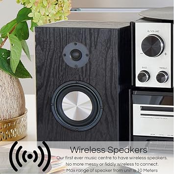 Steepletone HOUSTON Silver 6 in 1 Music Centre, Bluetooth Vinyl Record Player, Turntable with CD, Cassette, DAB+ / FM Radio, USB MP3 playback & Encoding, Remote Control, WIRELESS Stereo Speakers