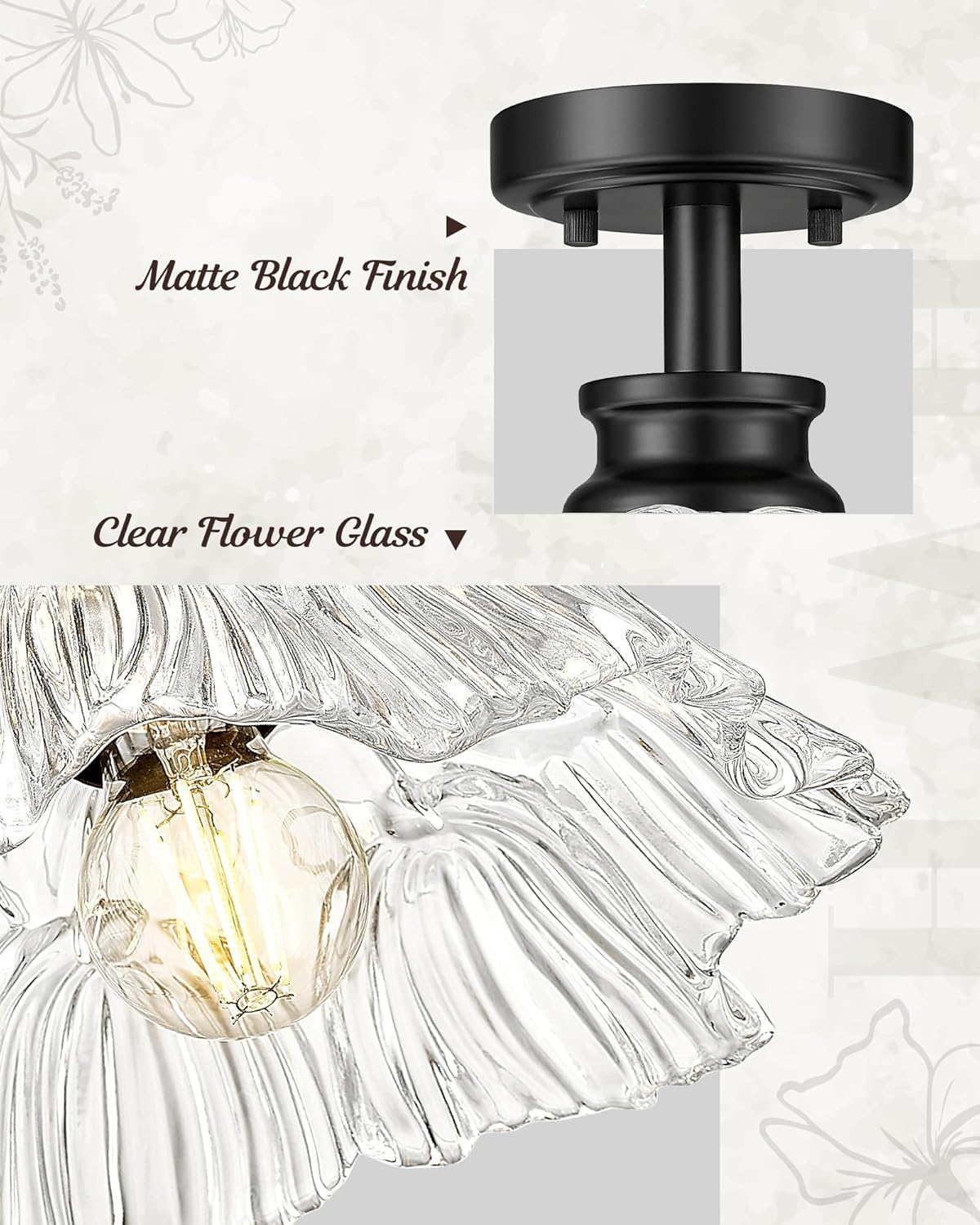 Black Ceiling Light, HWH 10 Inch Flush Mount Ceiling Light for Hallway Entryway, Modern Semi Flush Mount Ceiling Light with Clear Flower Glass, Matte Black Finish, 5HJX112F BK