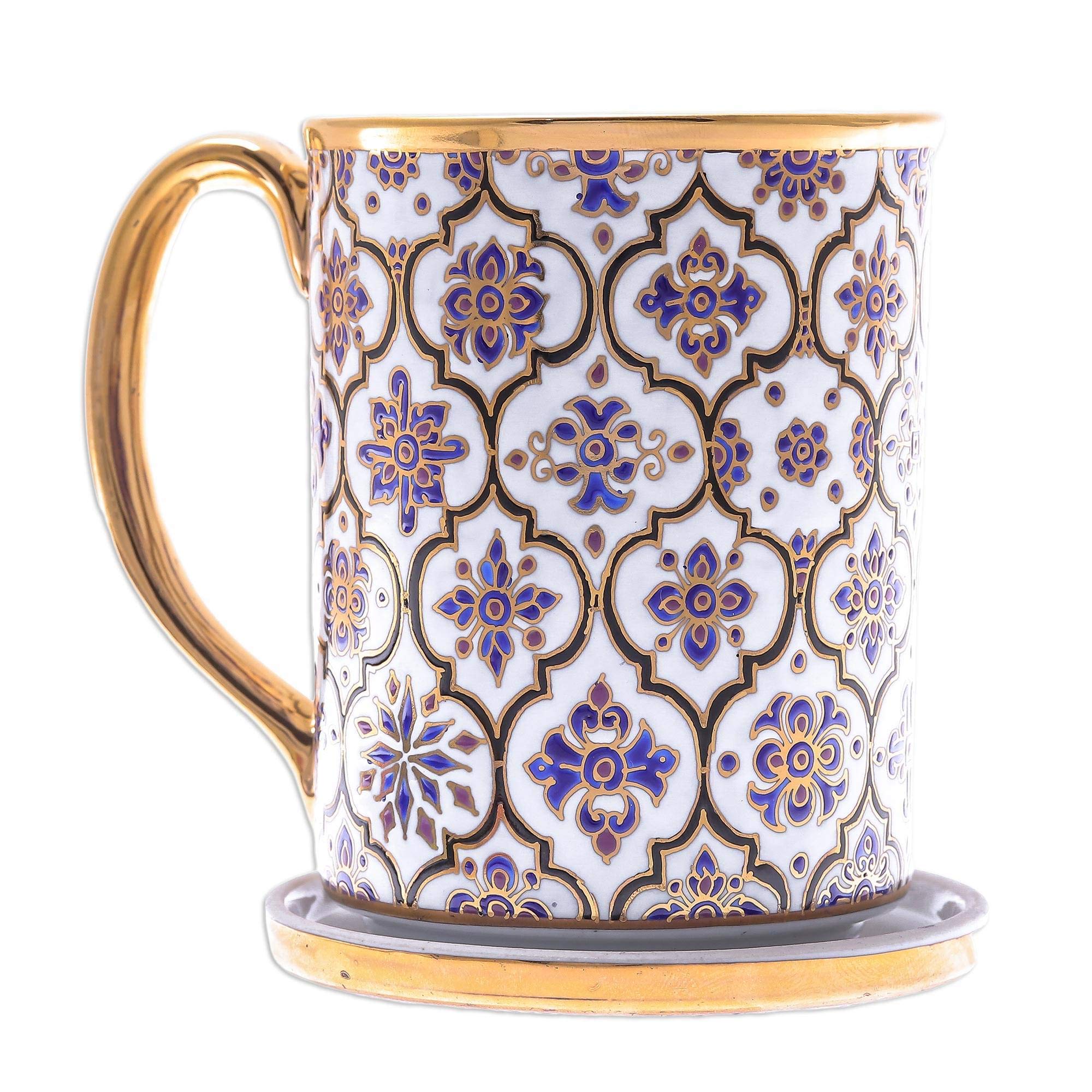 NOVICA Artisan Handmade Benjarong Ceramic Lidded Mug Gilded Porcelain from Thailand White Tableware Dinnerware Mugs Cups Painted [cups 4.1in H x 4.5in W x 3.5in D 8 Oz. Lid 0.4in H x 3.5in Diam.] '