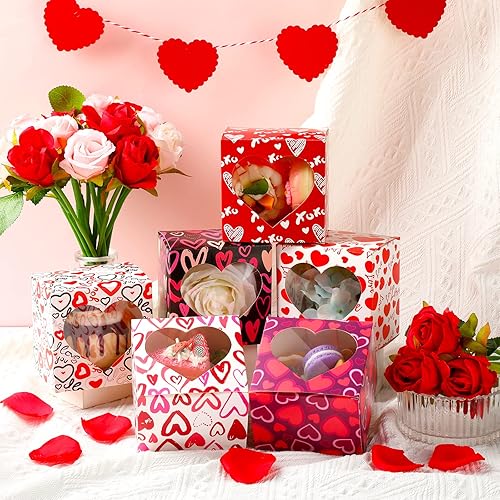 Miniatura 6 de Outus 24 Count Dessert Boxes, 4 x 4 x 3 Inch Heart Shaped Cupcake with PVC Window Valentine's Day Boxes