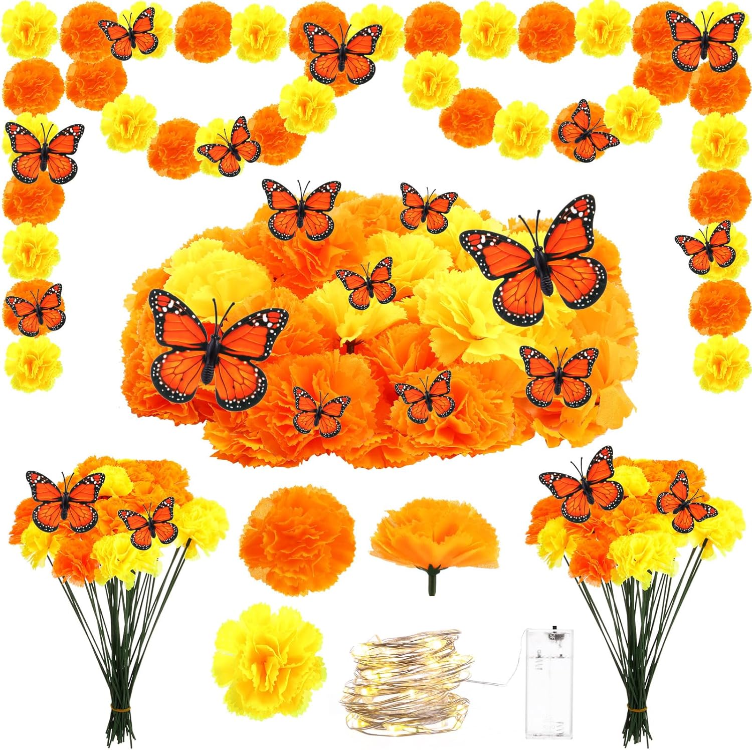 Riceshoot 120 Pcs Day of The Dead Decorations Artificial Silk Marigold Flowers with Stems Fake Monarch Butterflies for Diwali Dia De Los Muertos Home Altar Decorations Supplies (Orange)