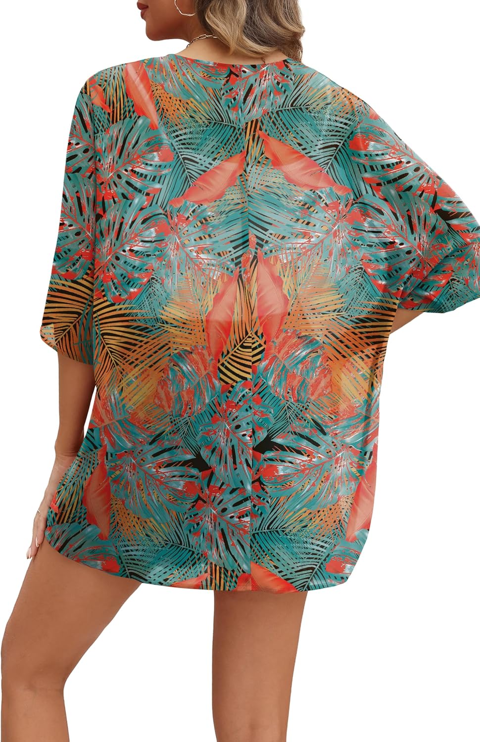 OFEEFAN Beach Cover Ups for Women 3/4 Length Sleeve Womens Tops Summer Cardigan Casual Blouses Loose Fit Orange Leaves Large image 4 of 4 B0DSKB9Z7F