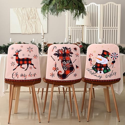 Miniatura 4 de Ganeen 6 fundas para sillas de Navidad, sombrero de Papá Noel, zapatos de elfo, de fieltro a cuadros, fundas para sillas de comedor de Feliz