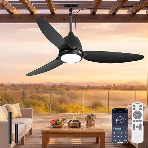 42 In Outdoor Ceiling Fan with Light, Plug-in Ceiling Fans with Waterproof IP65, Smart APP Remote Control, 6-Speed DC Motor, Dimmable 3CCT, Hanging Fans with Cord for Gazebo Patio Porch (Black)