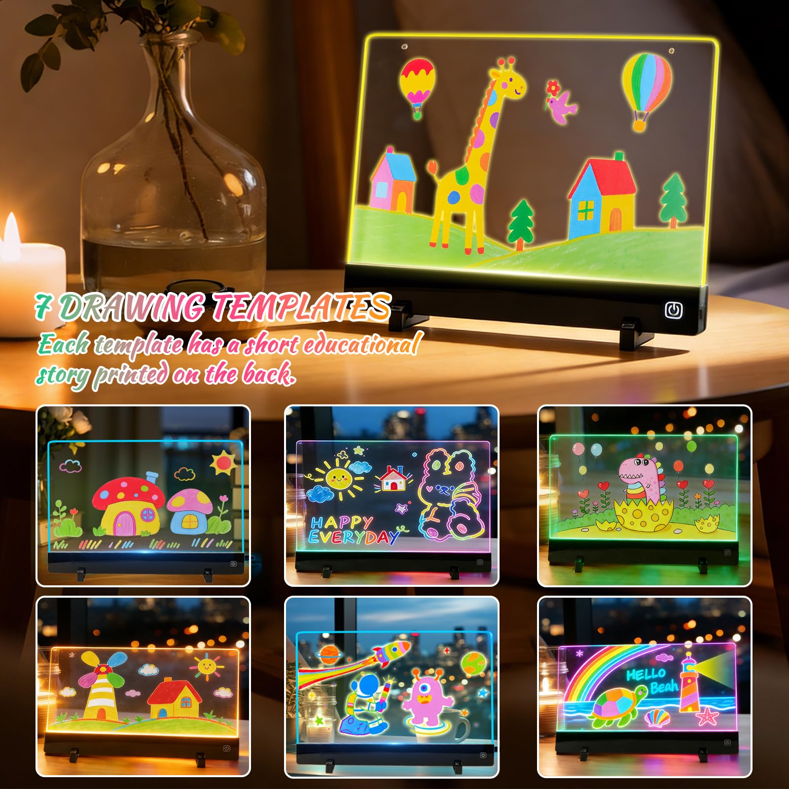 Lavagna da disegno a LED con colori, 35 x 26 cm, ricaricabile, in acrilico, con 7 matite colorate e 7 modelli di disegno, lavagna memo per scrivania, ufficio, caffetteria, scuola, casa
