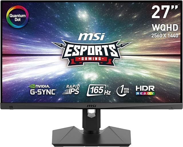 MSI Optix MAG274QRF-QD Esports Gaming IPS Monitor - 27 Inch, 16:9 WQHD (2560 x 1440), 2K, Rapid IPS, 165 Hz, 1ms GTG, G-SYNC Compatible, RGB, HDR, Quantum Dots, Adobe 99 Percent, Display Port, HDMI