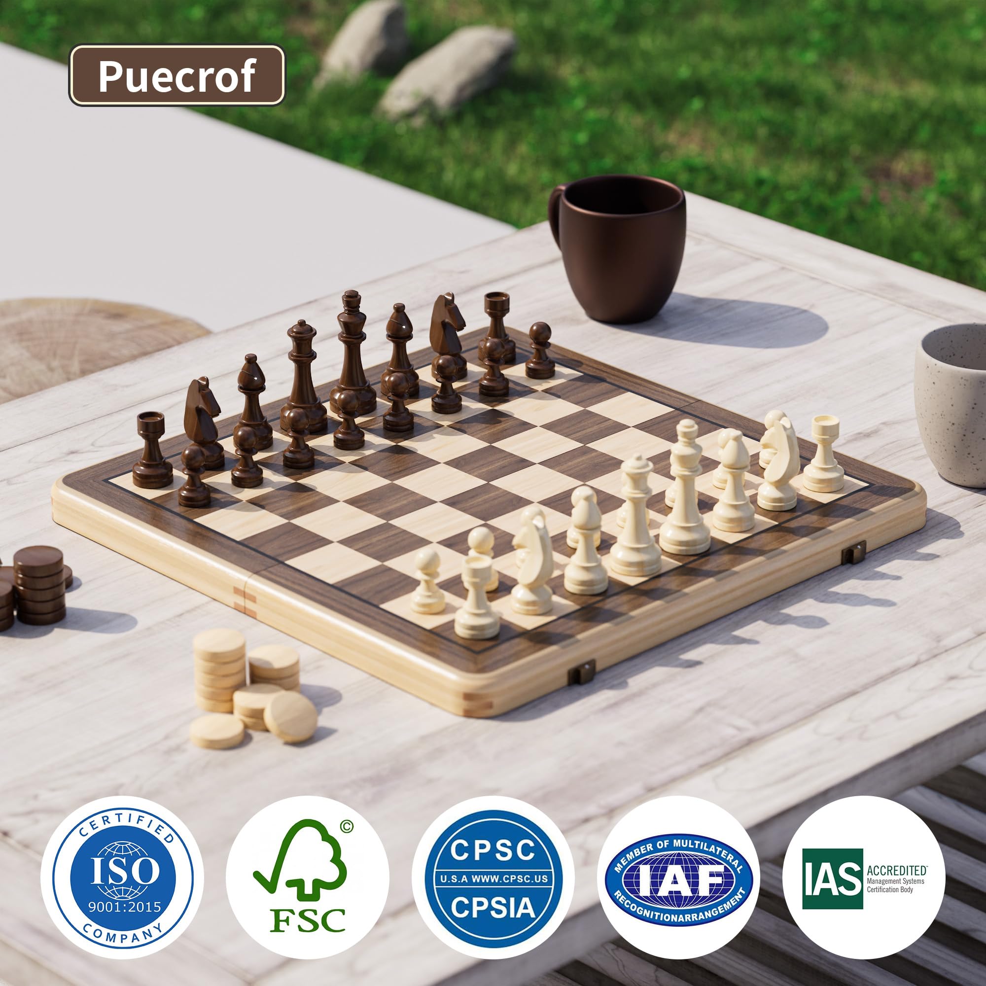 38 cm Holz Klapp-Schach- und Dame-Set, 2-in-1 Brettspiel, 7,6 cm König Staunton Figuren, 2 zusätzliche Damen (Black)