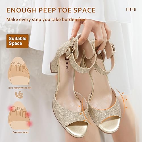 Miniatura 4 de IDIFU Candie-MI - Sandalias de tacón bajo con puntera abierta para mujer, correa al tobillo, zapatos de vestir cómodos y gruesos para boda