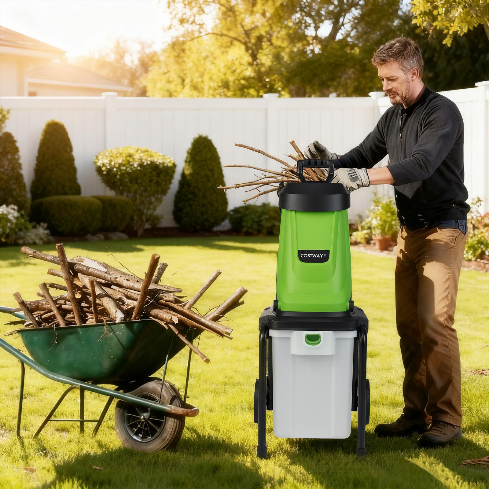 GOPLUS Trituradora Eléctrica 2800 W, Trituradora de Ramas de hasta Ø 45 mm con Caja de Recolección 50 L, Cuchillas de Doble Filo, Ruedas Grandes, Biotrituradora con Cable para Jardín Patio (Verde)