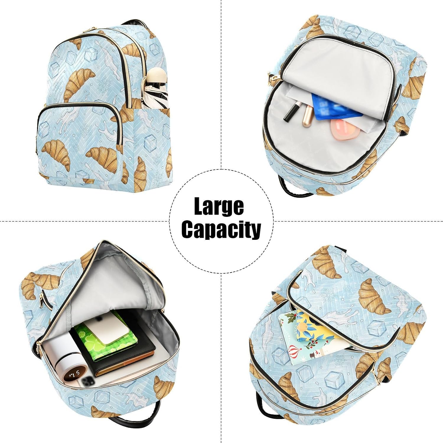 Croissant Ice Cube Snowflake Backpack Purse for Women Shoulder Bag Fashion Daypack Ladies Handbag Lightweight Travel Bag Rucksack