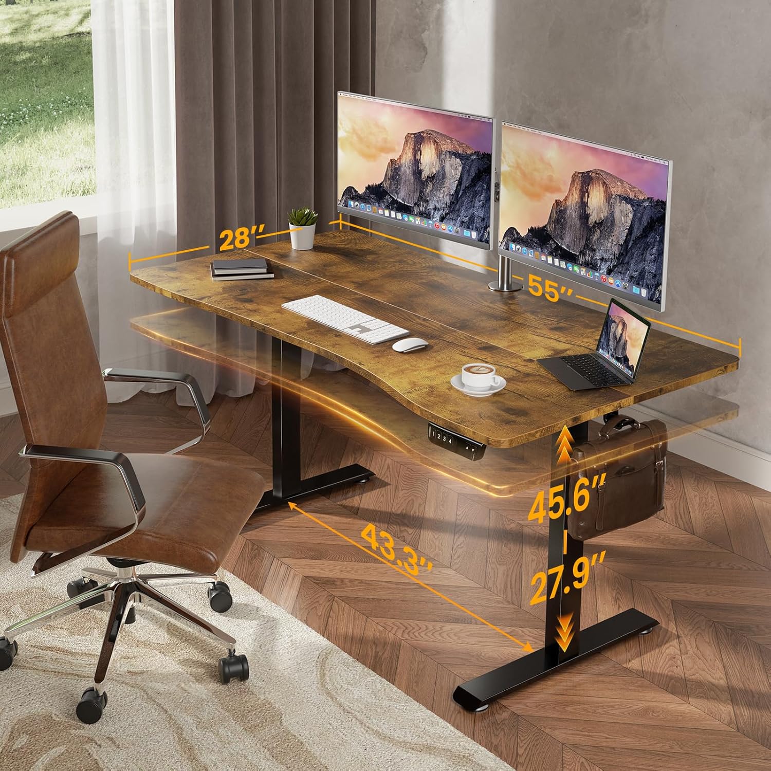 Image showing the Veken Electric Standing Desk with dimensions and height adjustment range from 27.9 to 45.6 inches.