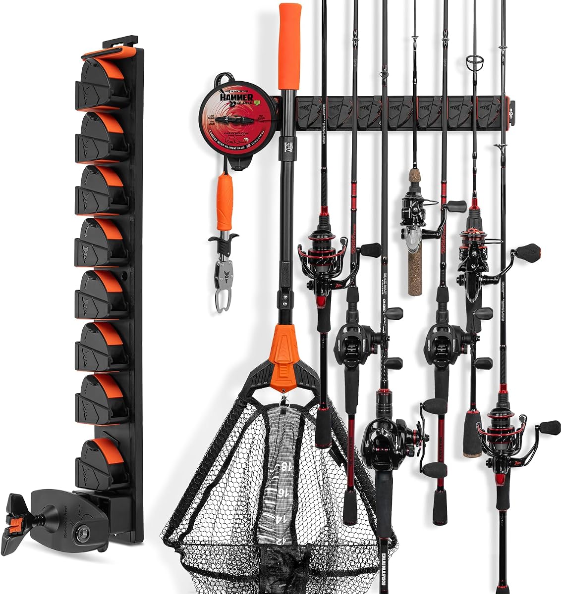 GravityLock V8 Fishing Rod Holder with Line Spooler, Holds 8 Rods | 5.5 lb Capacity, Wall-Mounted, Adjustable Clip Fits 0.1"-1" Rods, Line Spooler, Line Cutter, Interlocking Joints